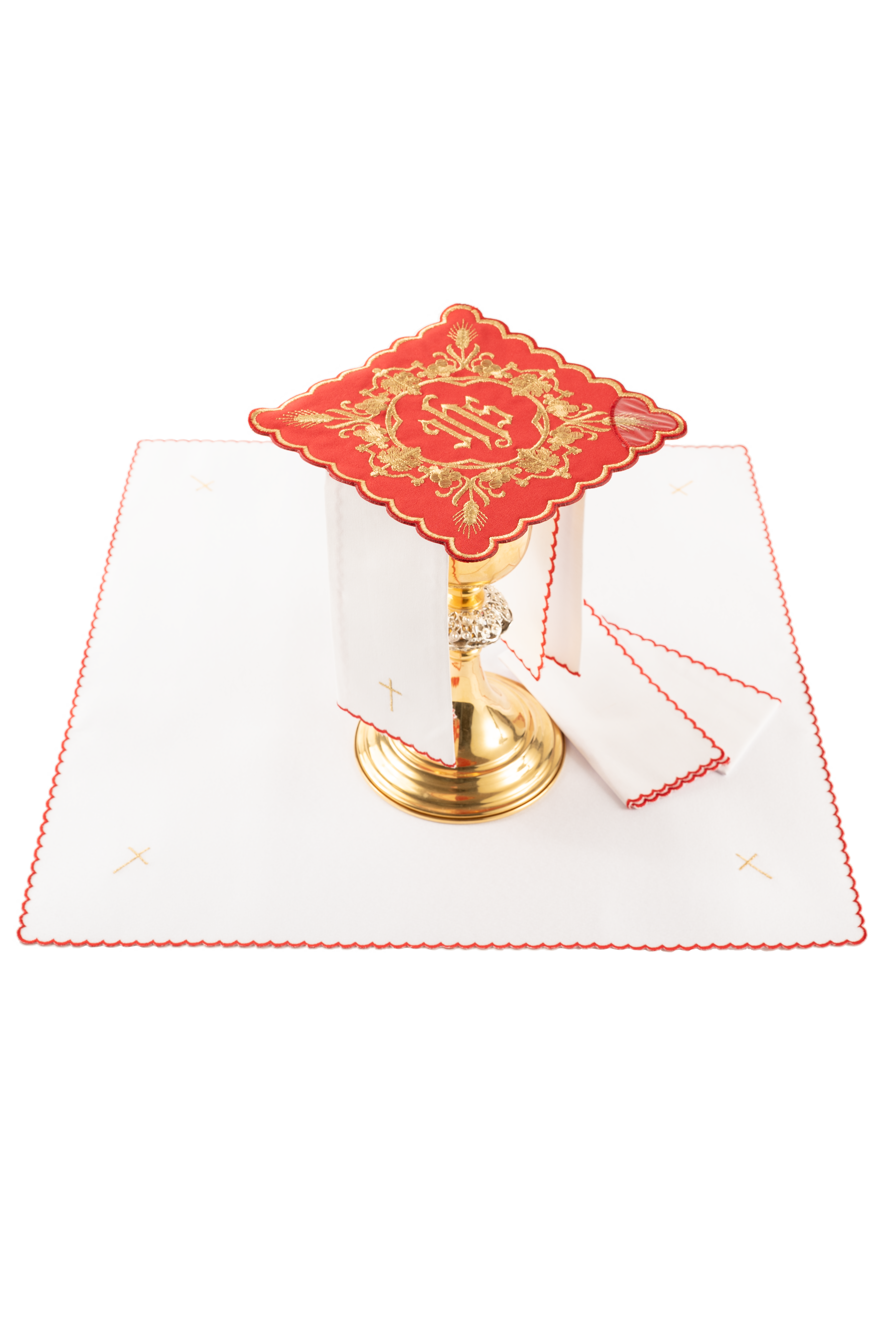 Komplet kielichowy haftowany z motywem IHS czerwony - ORNATY.PL