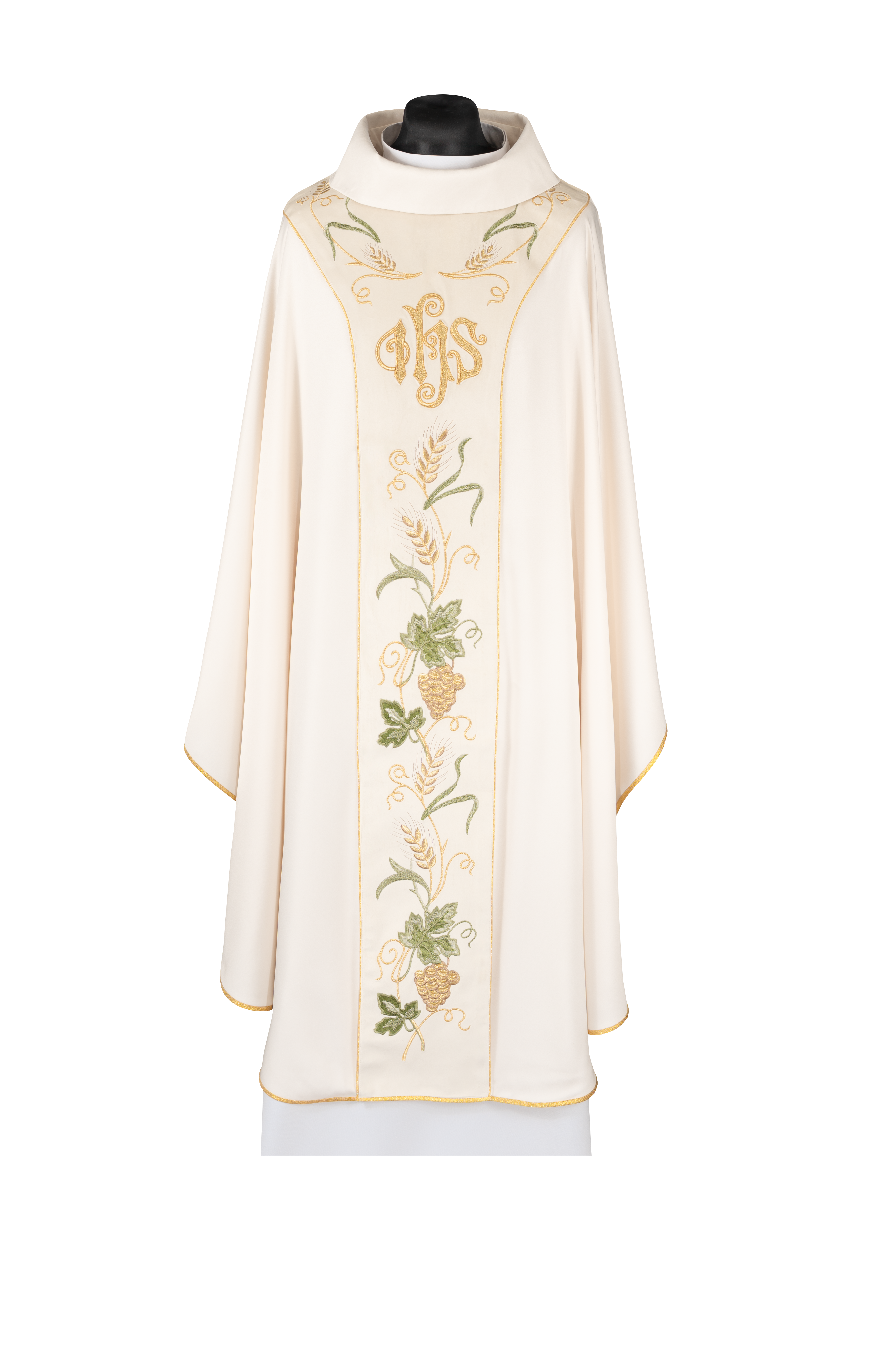 Ornat z aksamitnym ecru pasem i haftem IHS - ORNATY.PL