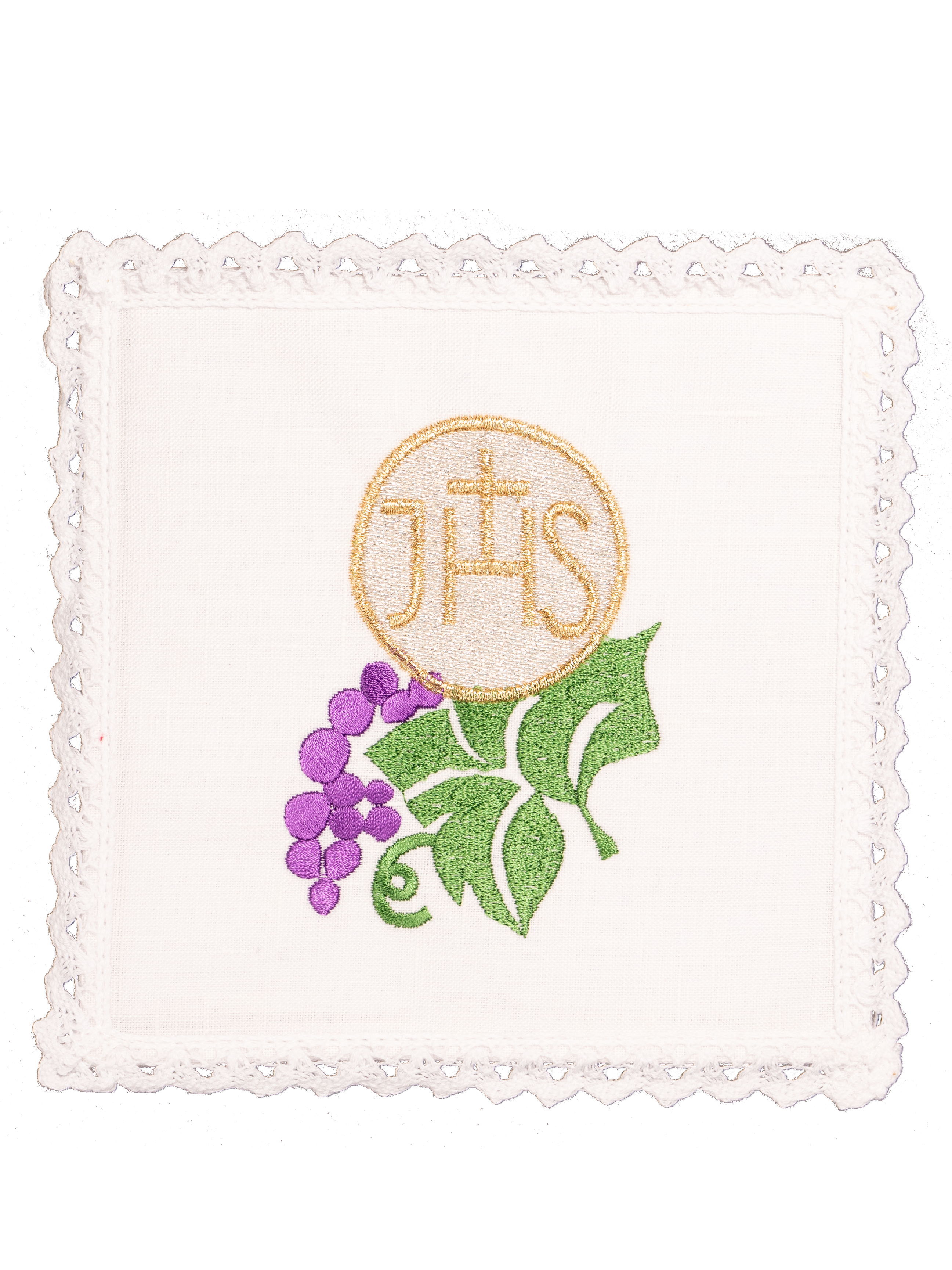 komplet kielichowy lniany z haftem eucharystycznym JHS winogrona