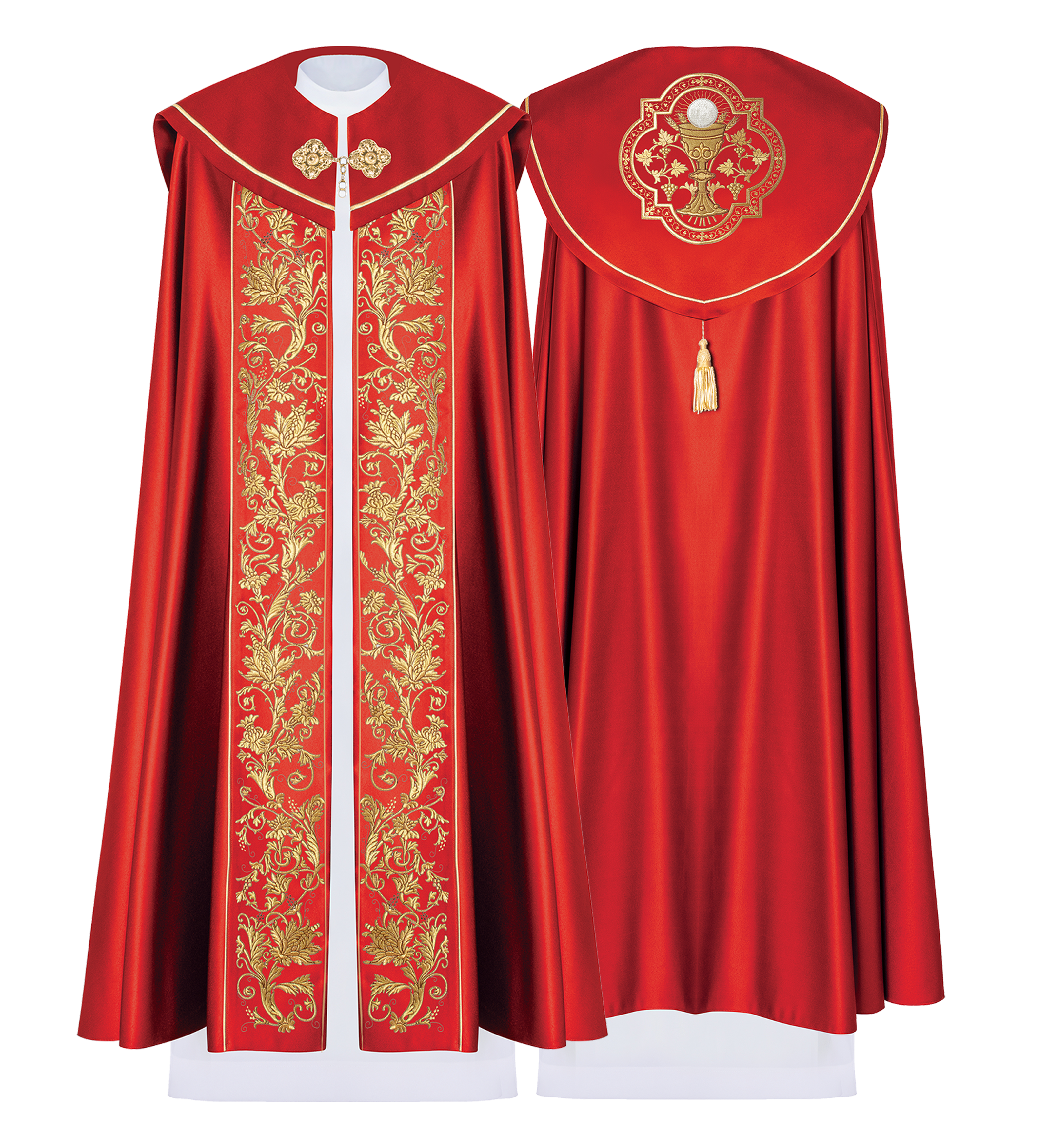 Kapa liturgiczna haftowana z monogramem w kielichy w kolorze czerwonym