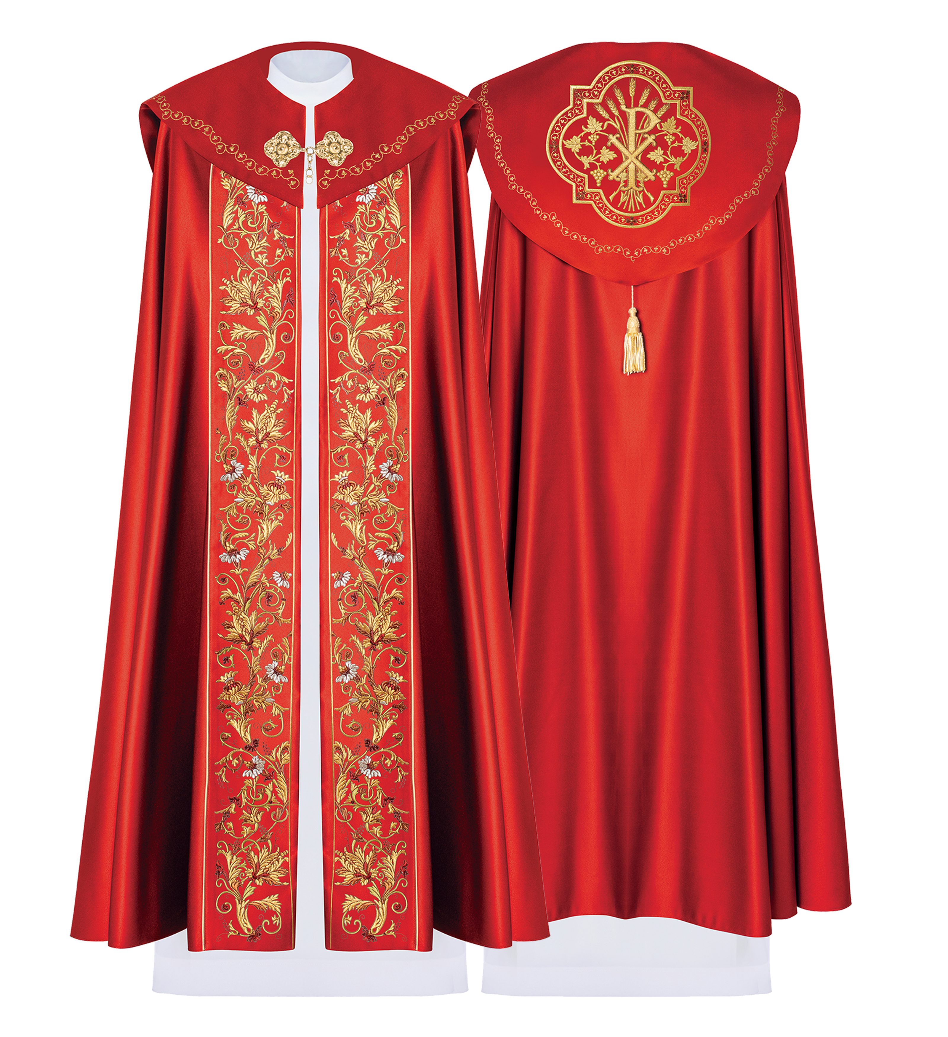 Kapa eucharystyczna z bogato zdobionym monogramem w kolorze czerwonym