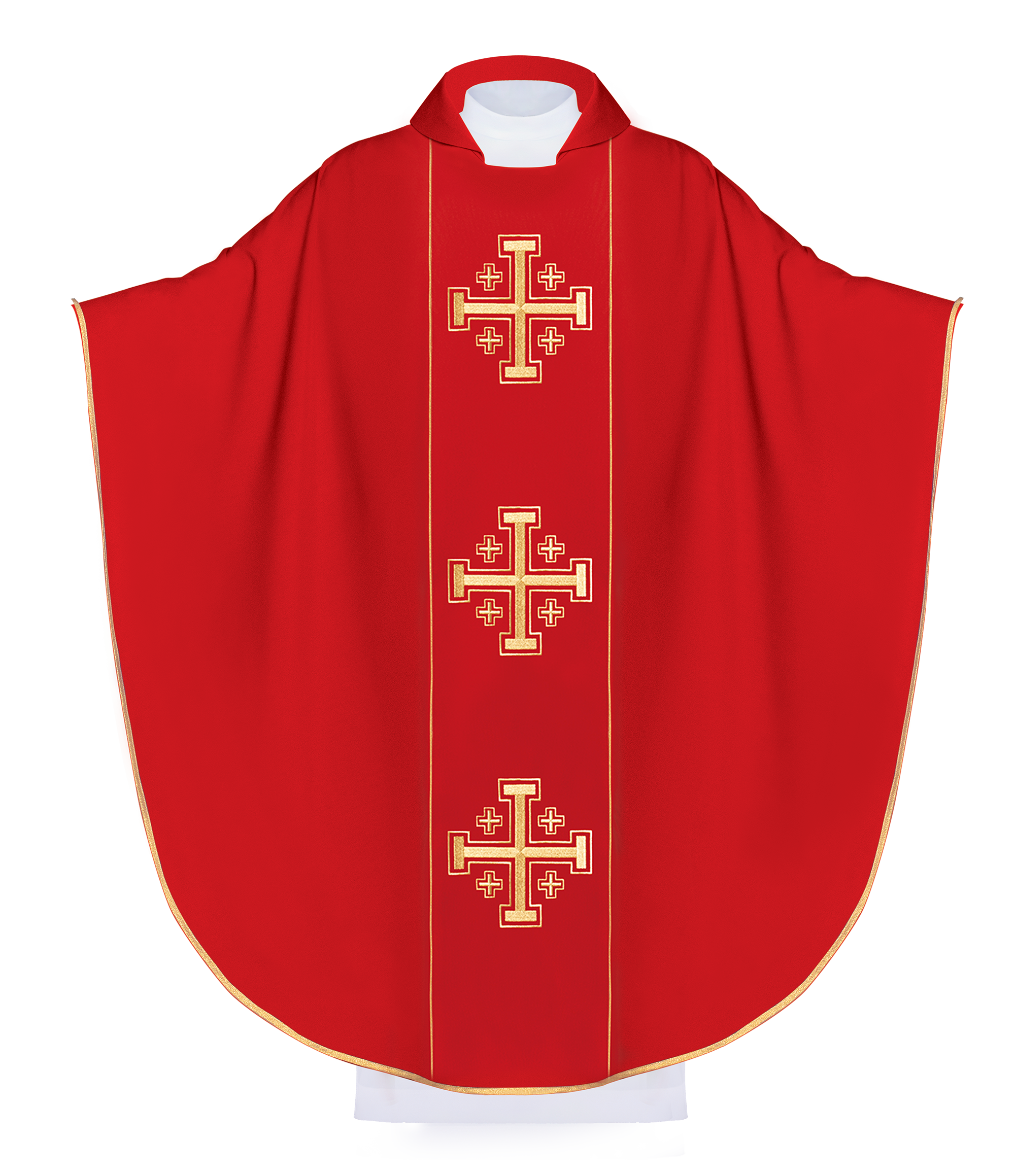 Czerwony ornat haftowany z szerokim kołnierzem w Krzyże Jerozolimskie