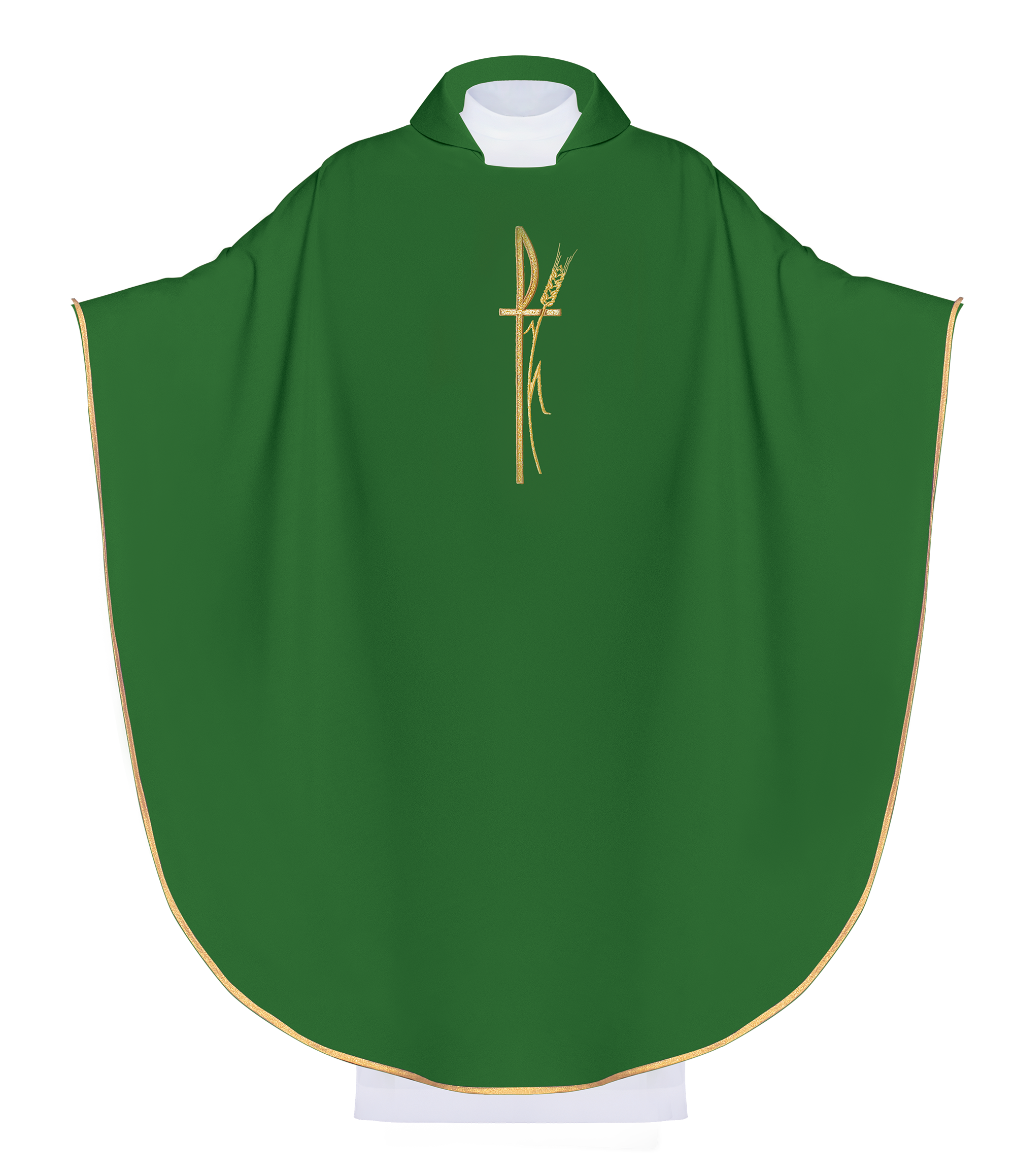 Zielony ornat liturgiczny z szerokim kołnierzem i delikatnie haftowanym PAX