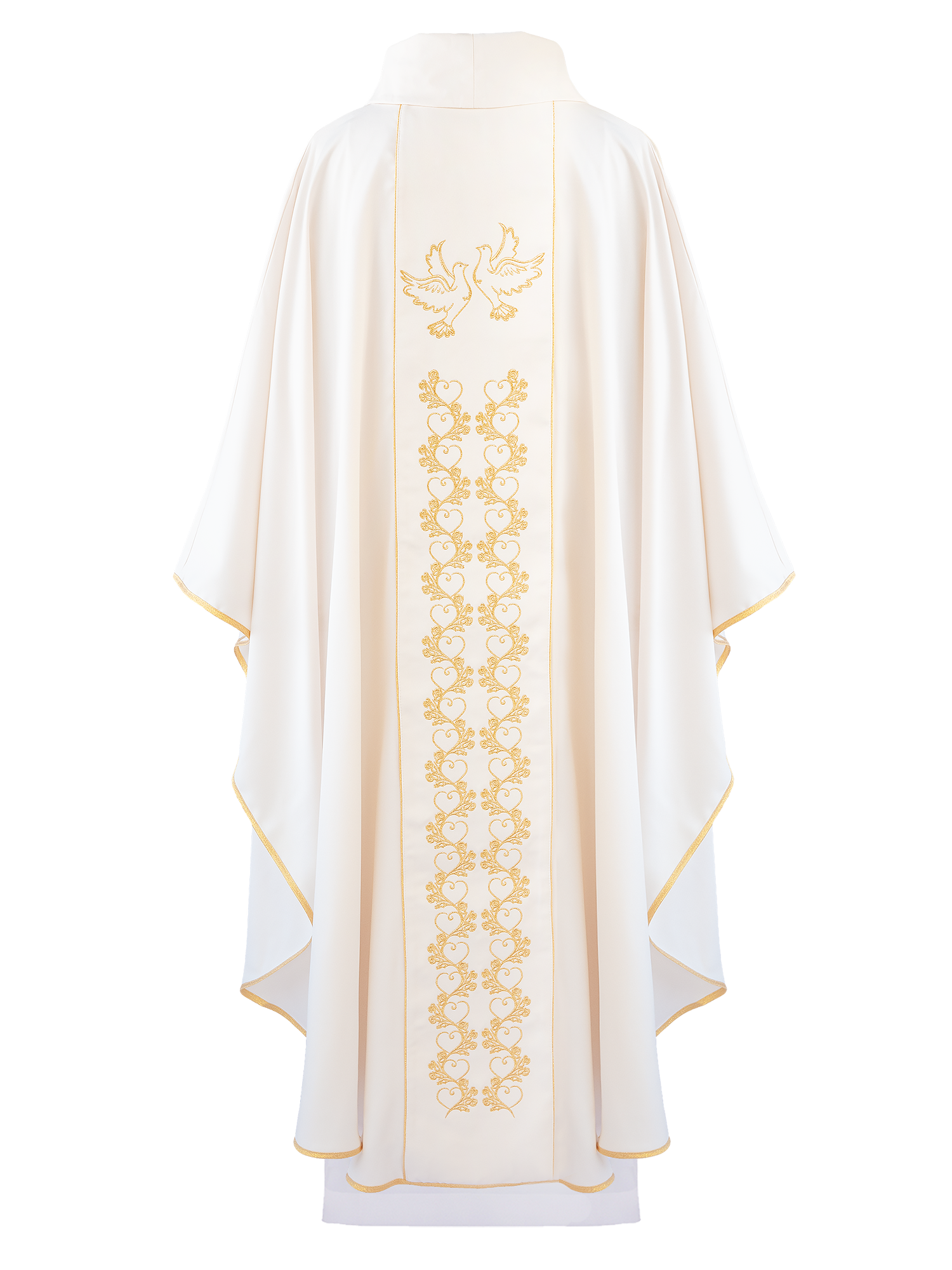 Ornat ślubny z haftem gołębi i obrączek ecru
