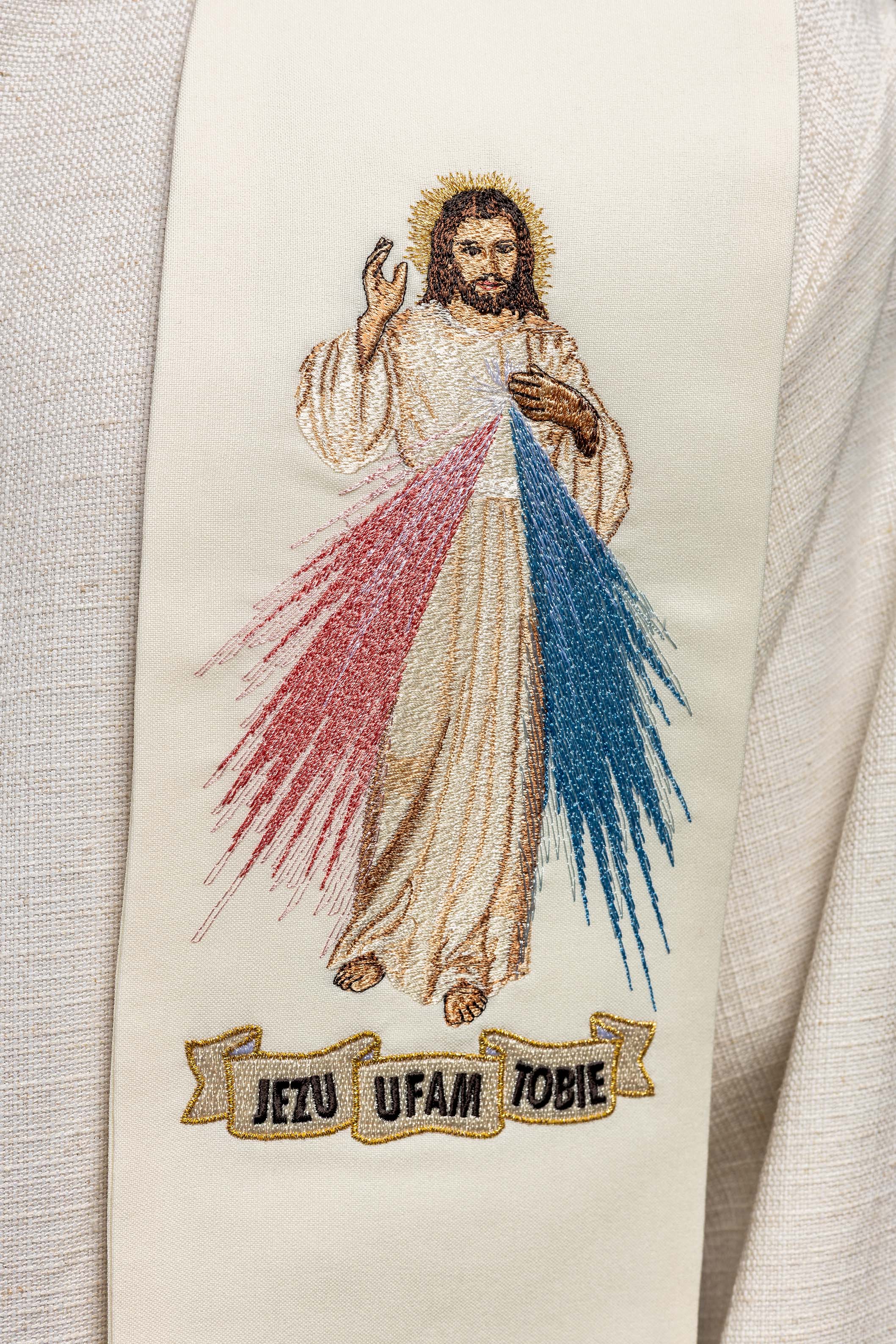 Stuła kapłańska Jezus Miłosierny Jezu Ufam Tobie ecru - ORNATY.PL