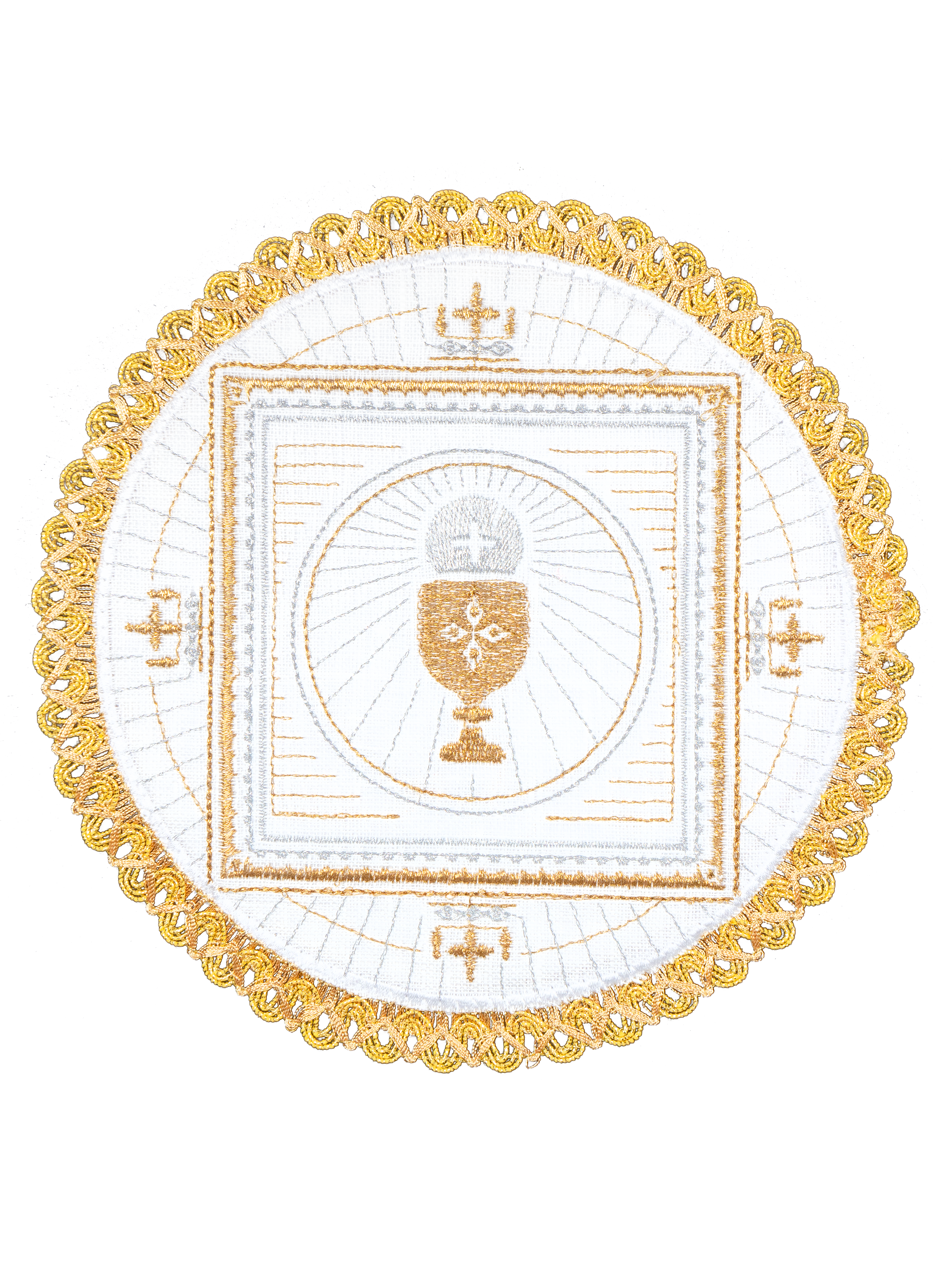 Lniany komplet kielichowy z motywem kielicha eucharystycznego i hostii na okrągłej palce - ORNATY.PL
