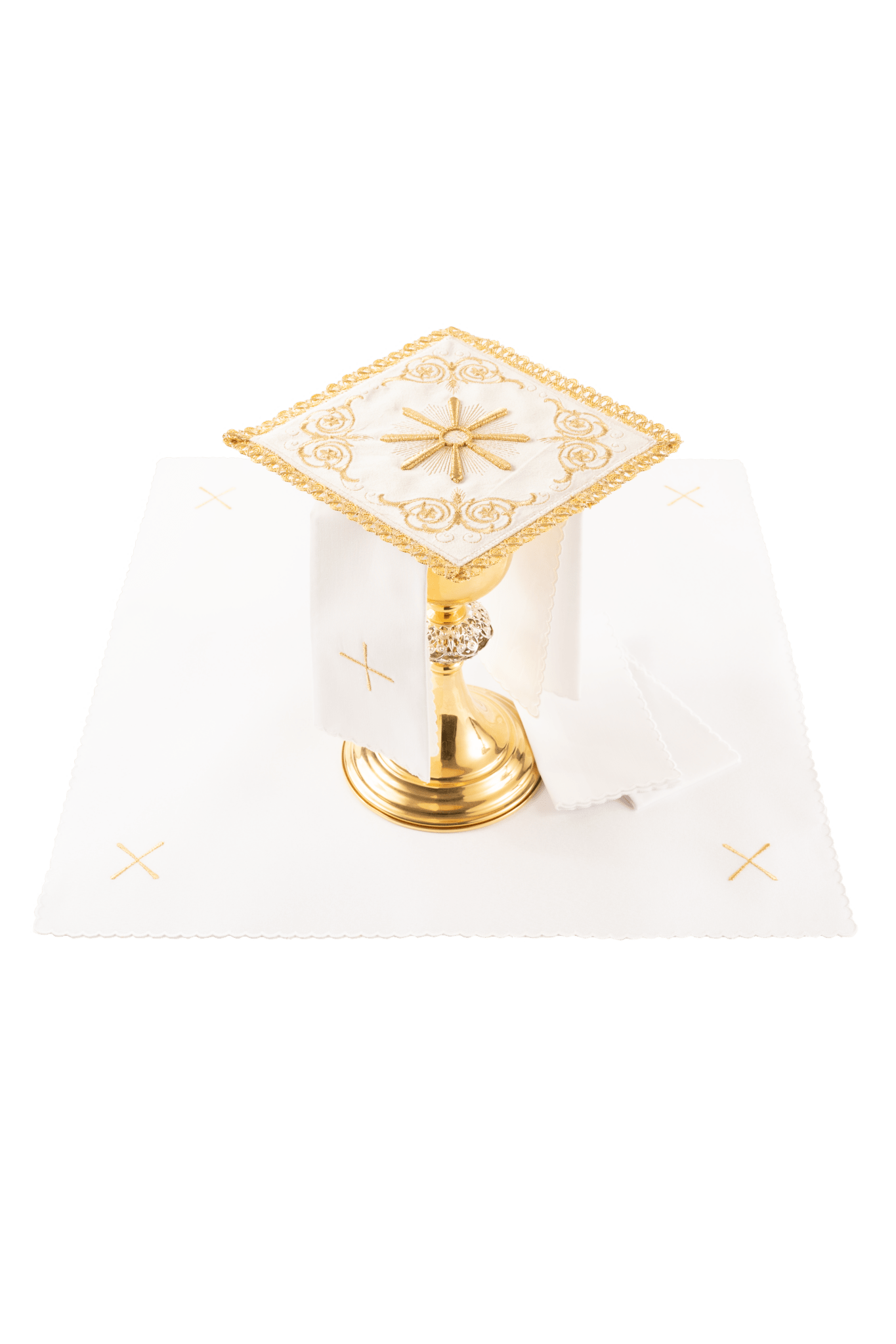 Bielizna kielichowa ecru z haftem słońca eucharystycznego