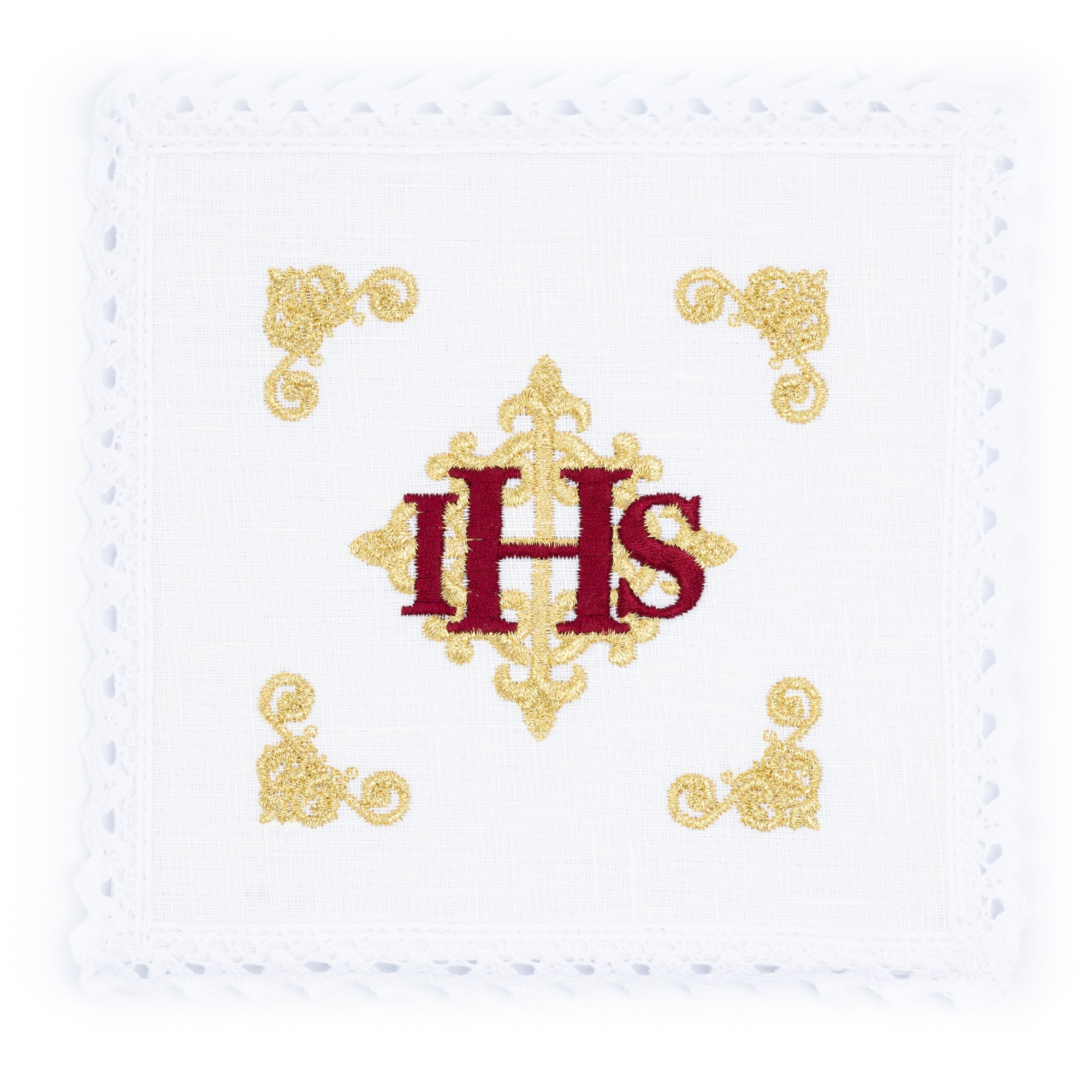 Bielizna kielichowa lniana haftowana czerwony symbol IHS