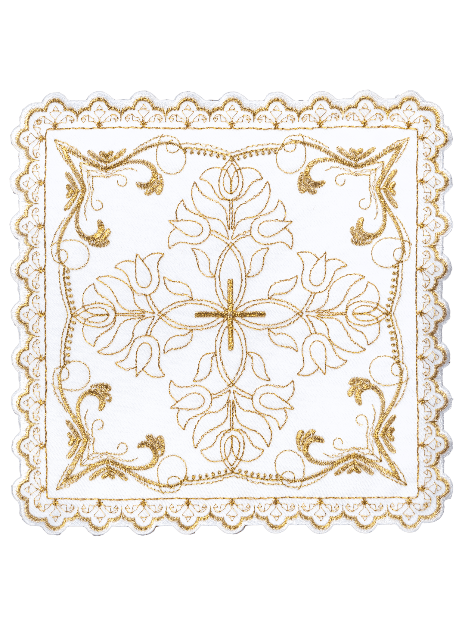 Komplet kielichowy z motywem krzyża z ozdobnym haftem florystycznym