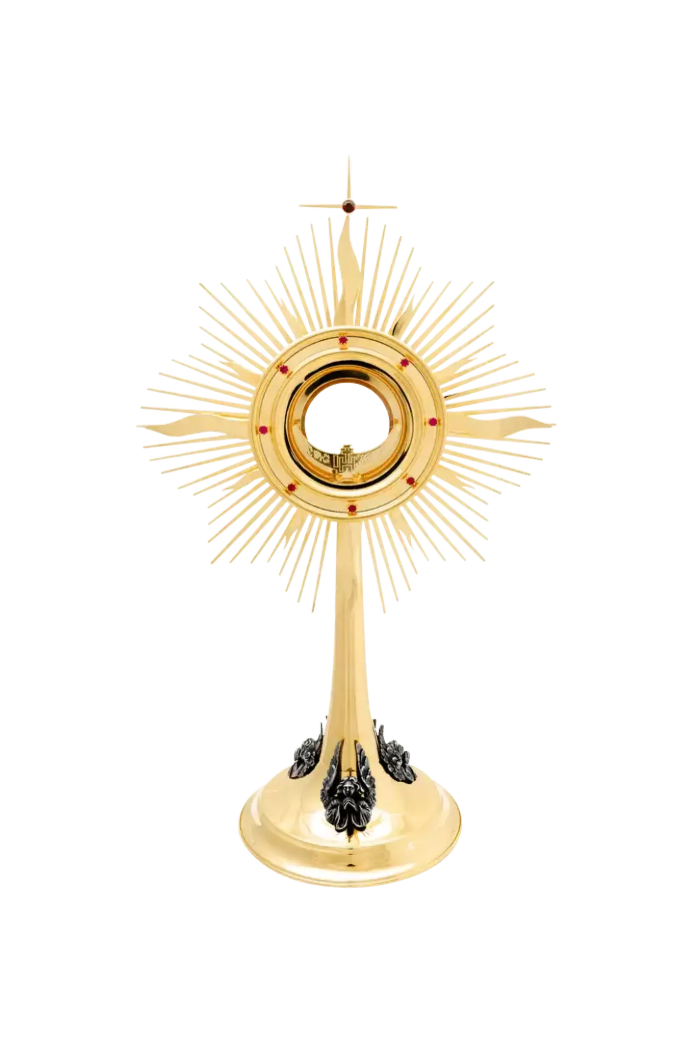 Pozłacana monstrancja liturgiczna promienista 53 cm, zdobiona figurami srebrzonych aniołów i rubinowymi kamieniami.