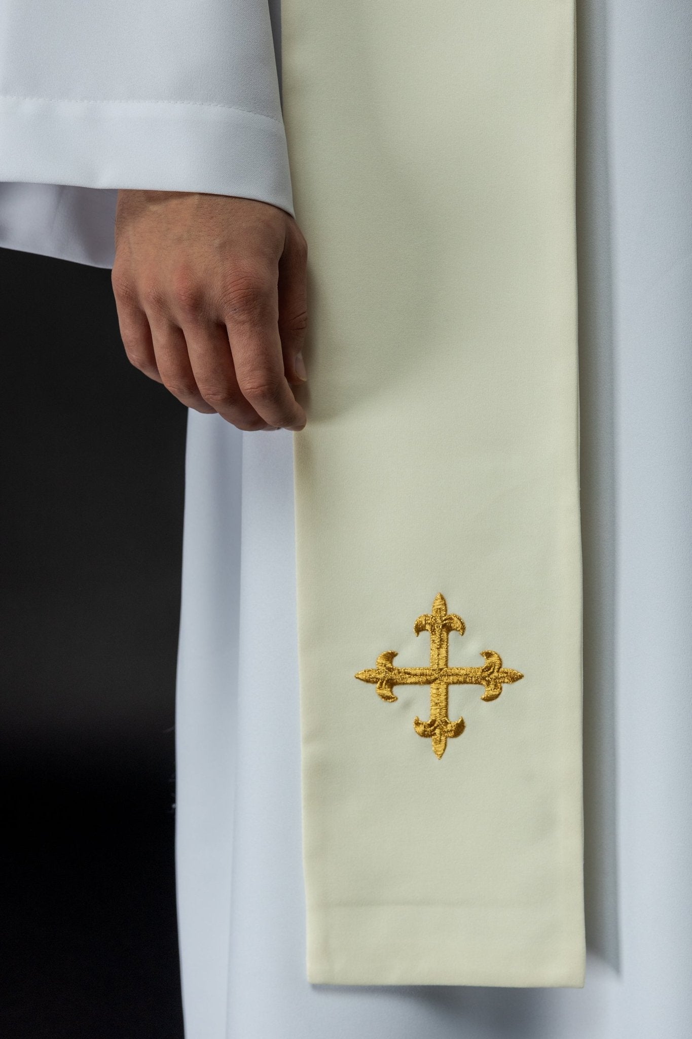 Stuła haftowana krzyż, IHS i serce Jezusa Chrystusa ecru