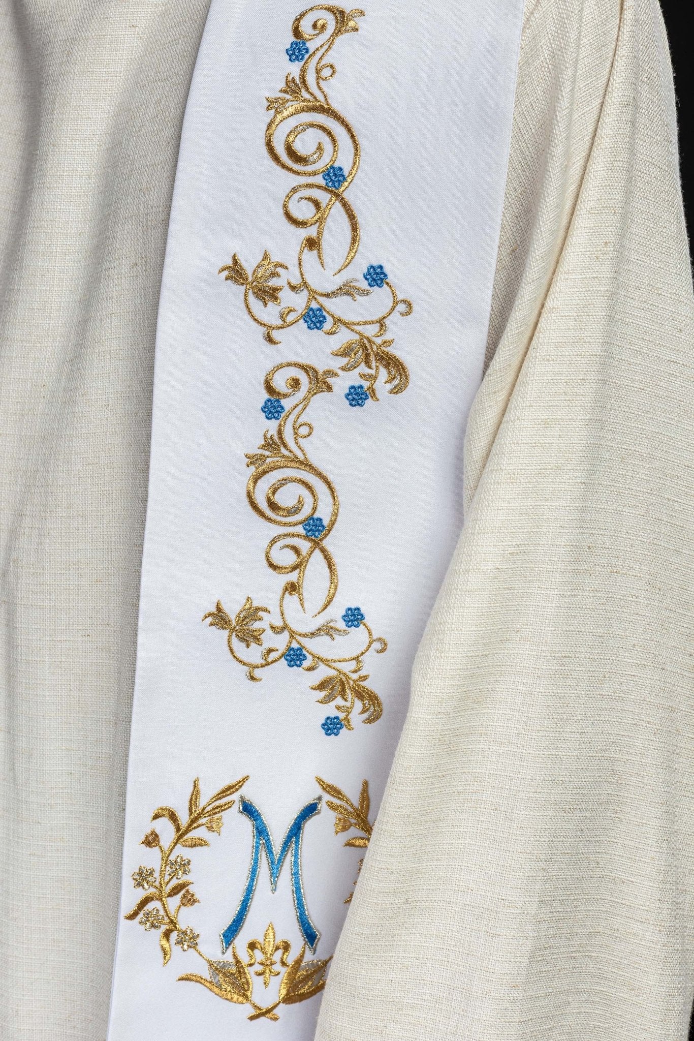 Stuła kapłańska haftowana Maryjna Biała