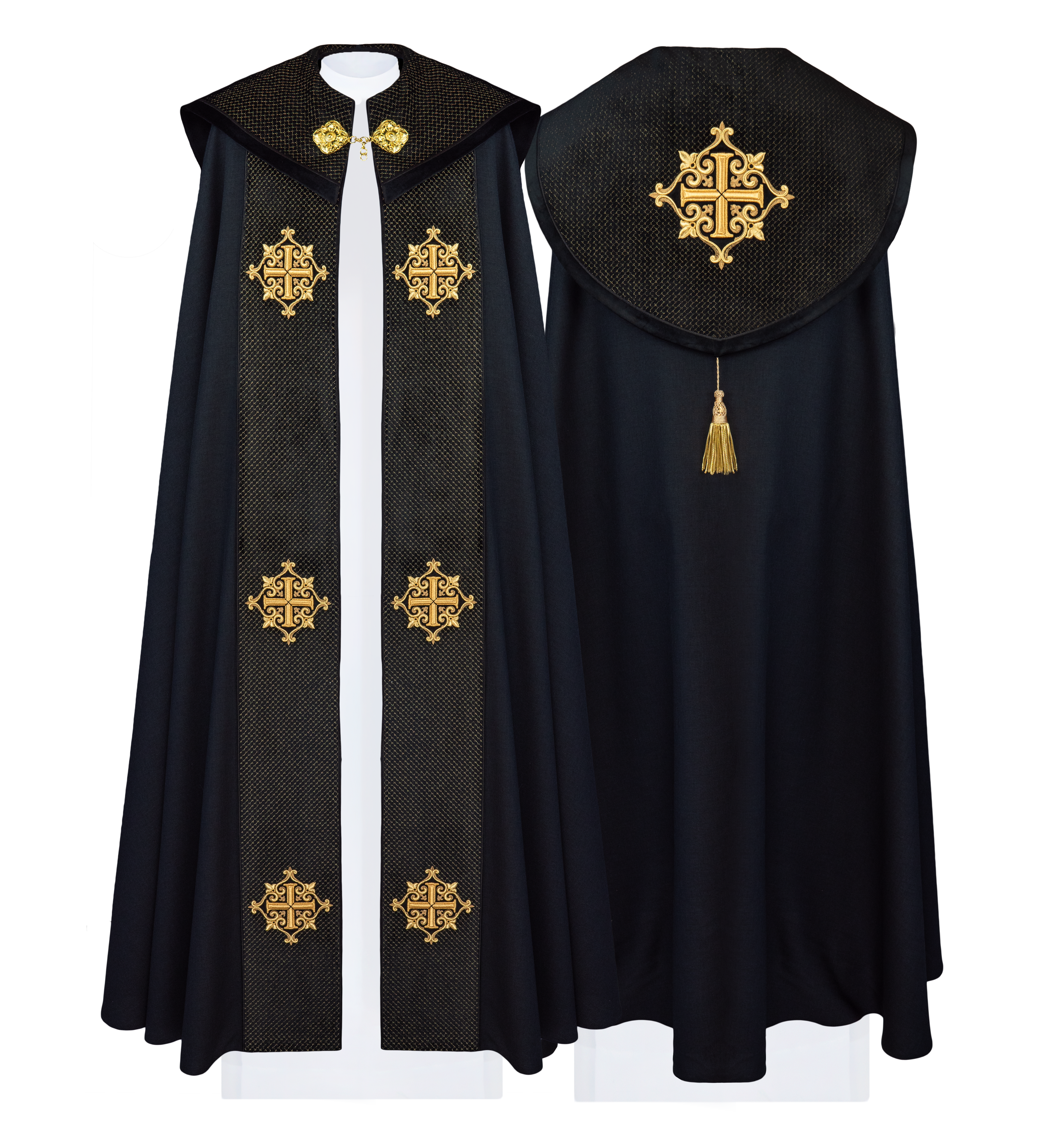 Kapa liturgiczna z aksamitnym czarnym pasem i haftem krzyży