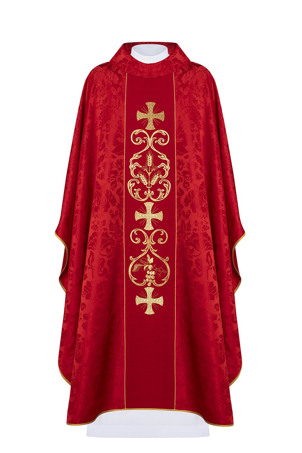 Czerwony ornat liturgiczny zdobiony haftowanym pasem