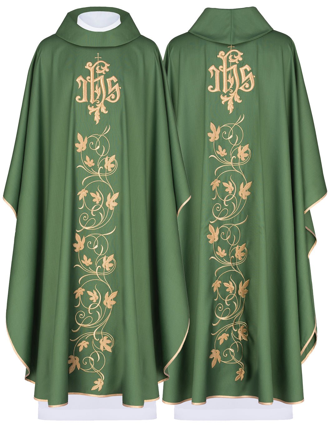 Zielony ornat z klasycznym haftem JHS