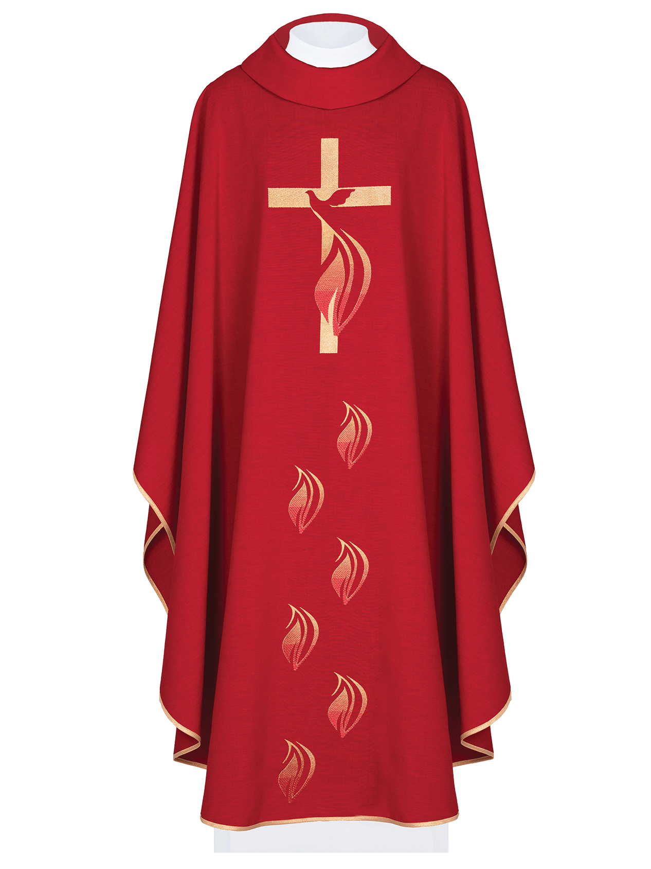 Czerwony ornat z haftem Ducha Świętego i Krzyża