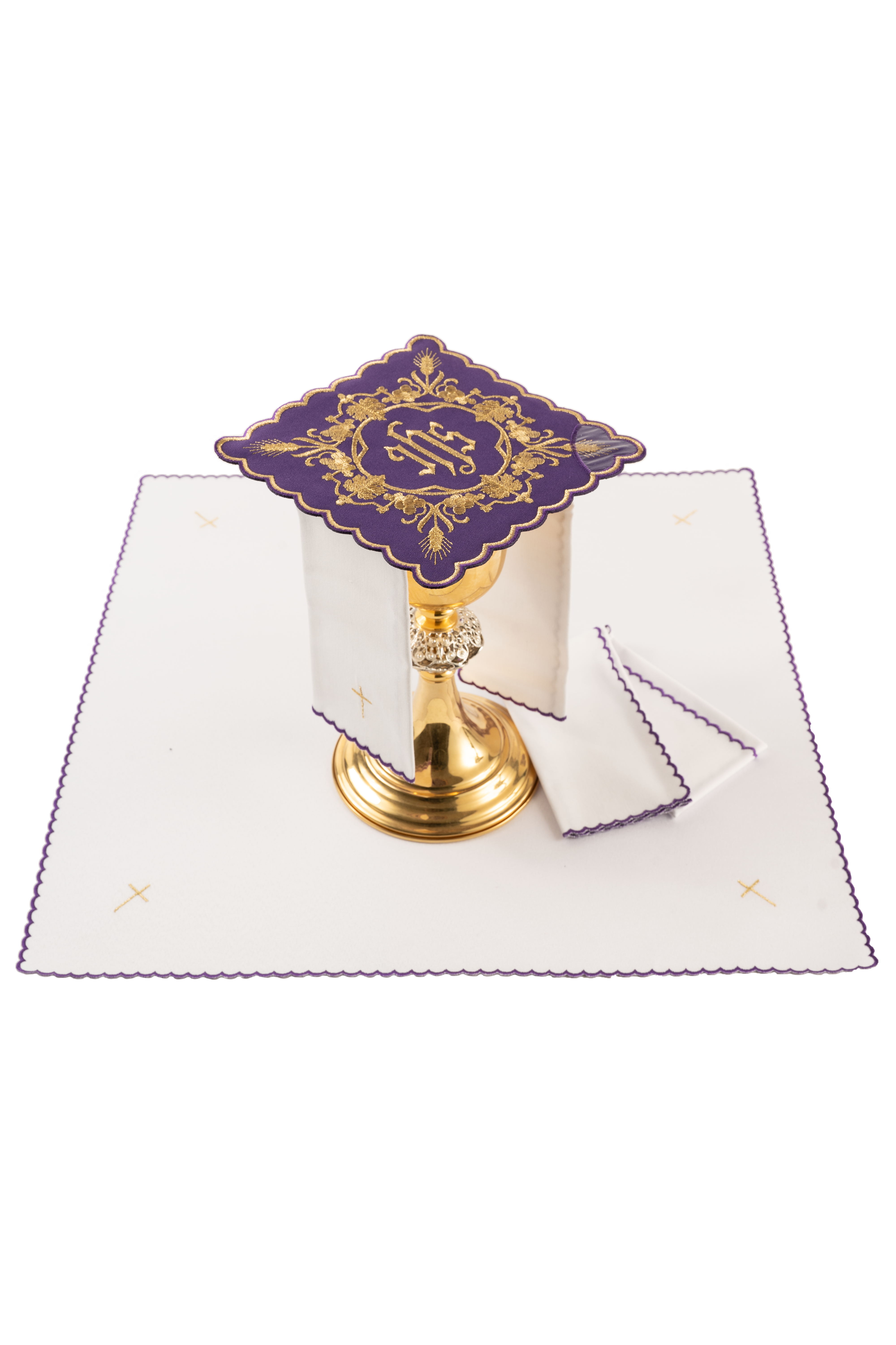 Komplet kielichowy haftowany z motywem IHS fioletowy - ORNATY.PL