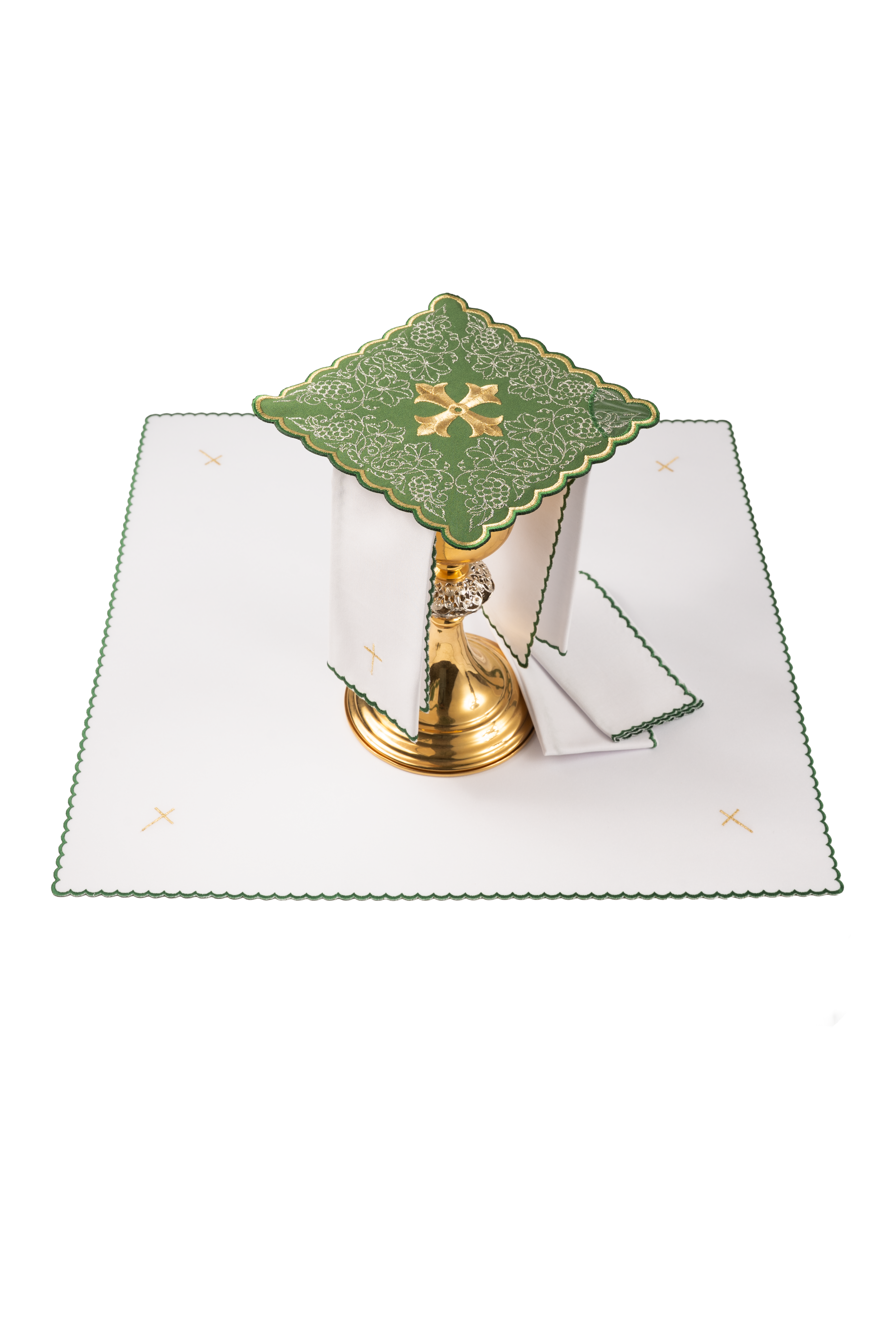 Komplet kielichowy haftowany z motywem krzyża zielony - ORNATY.PL