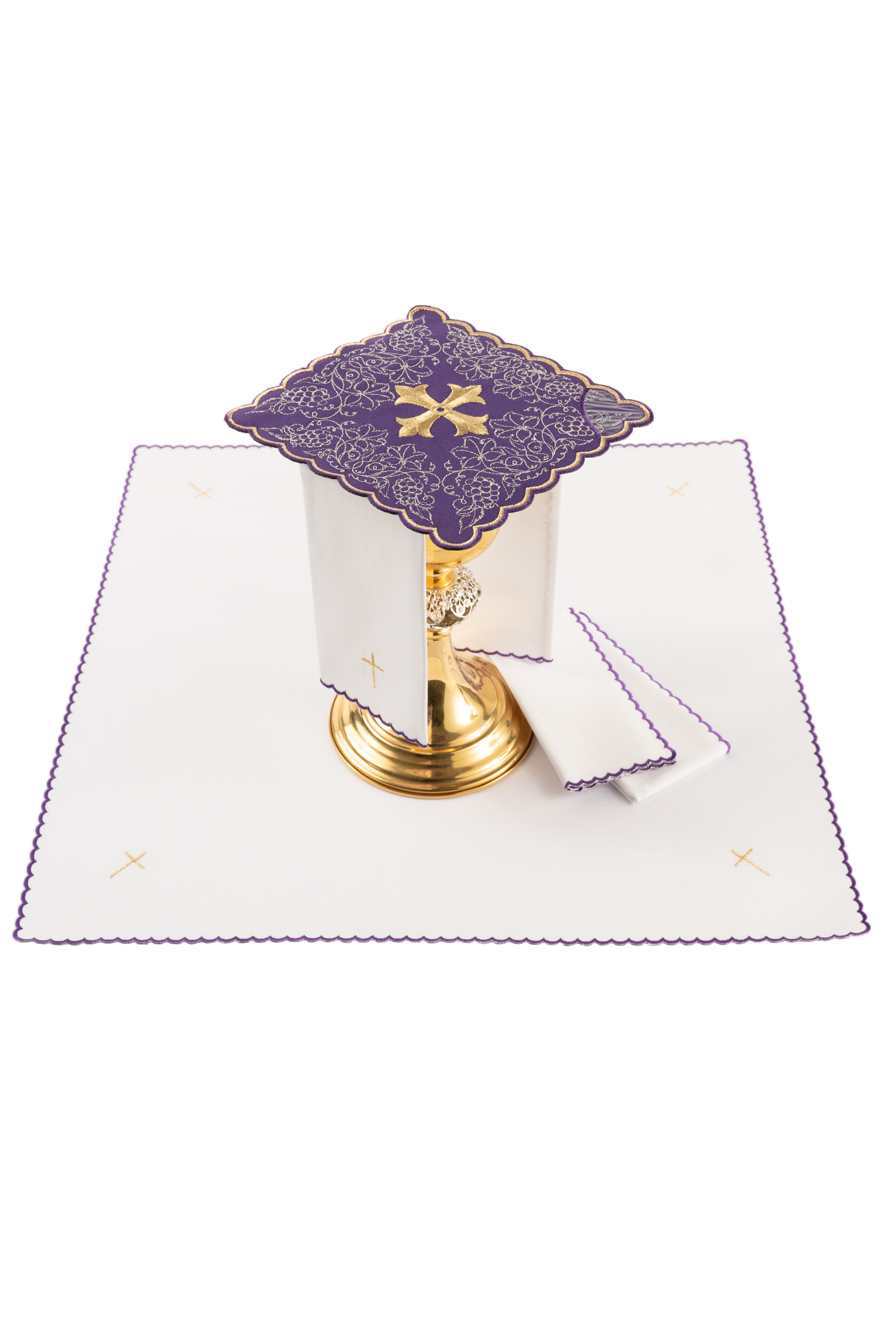 Komplet kielichowy haftowany z motywem krzyża fioletowy - ORNATY.PL