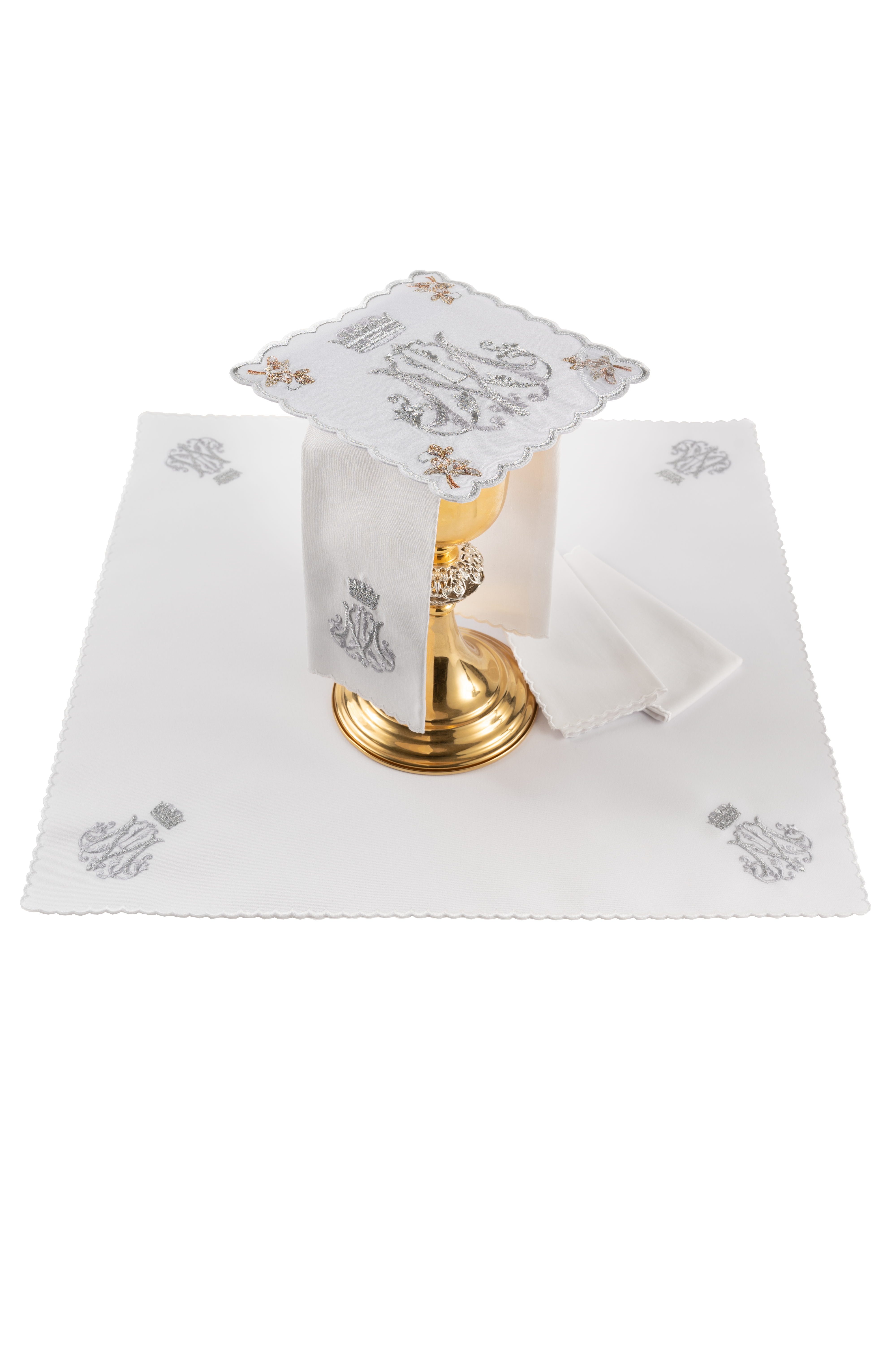 Liturgiczny komplet kielichowy z haftowanym motywem Maryjnym