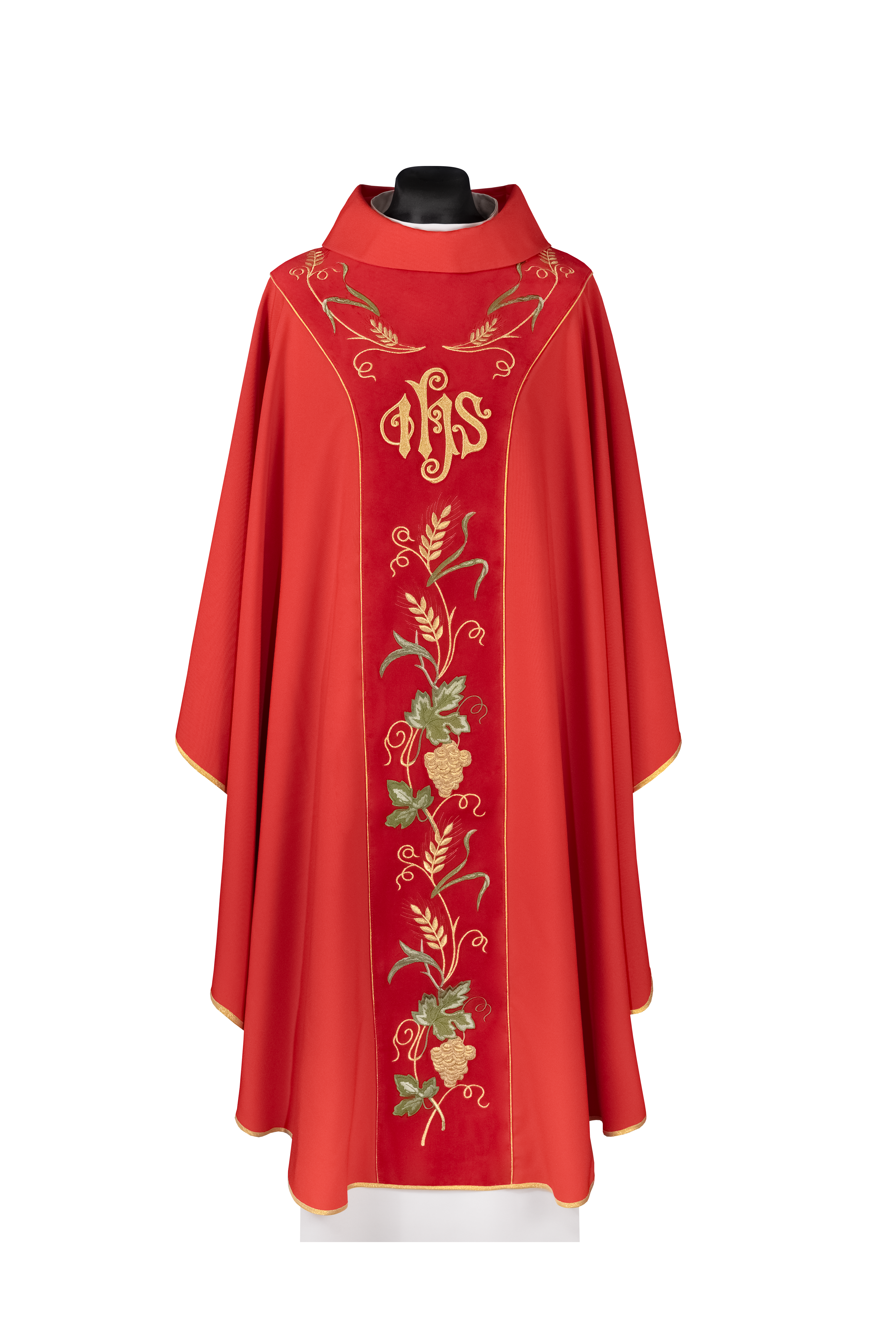 Ornat z aksamitnym czerwonym pasem i haftem IHS - ORNATY.PL