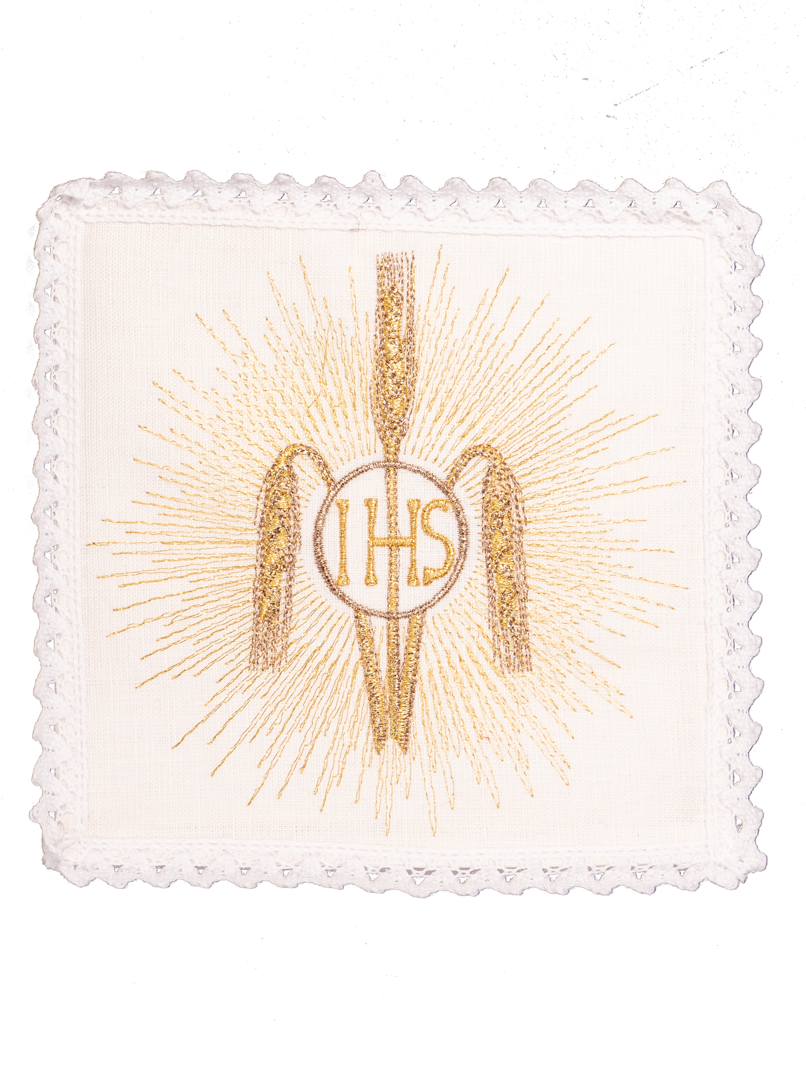 komplet kielichowy lniany z haftem eucharystycznym kłosy IHS