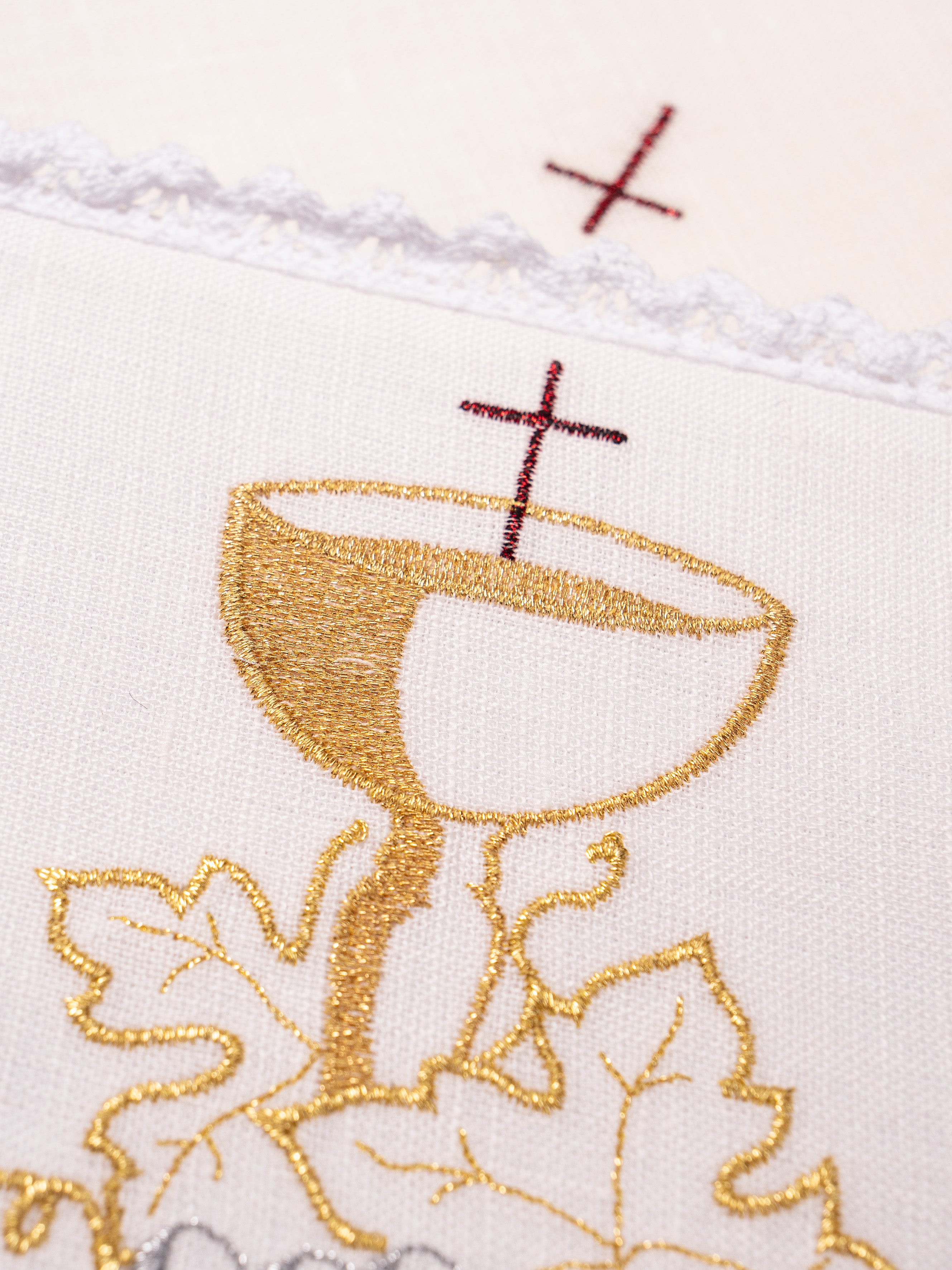 komplet kielichowy lniany z haftem eucharystycznym kielich