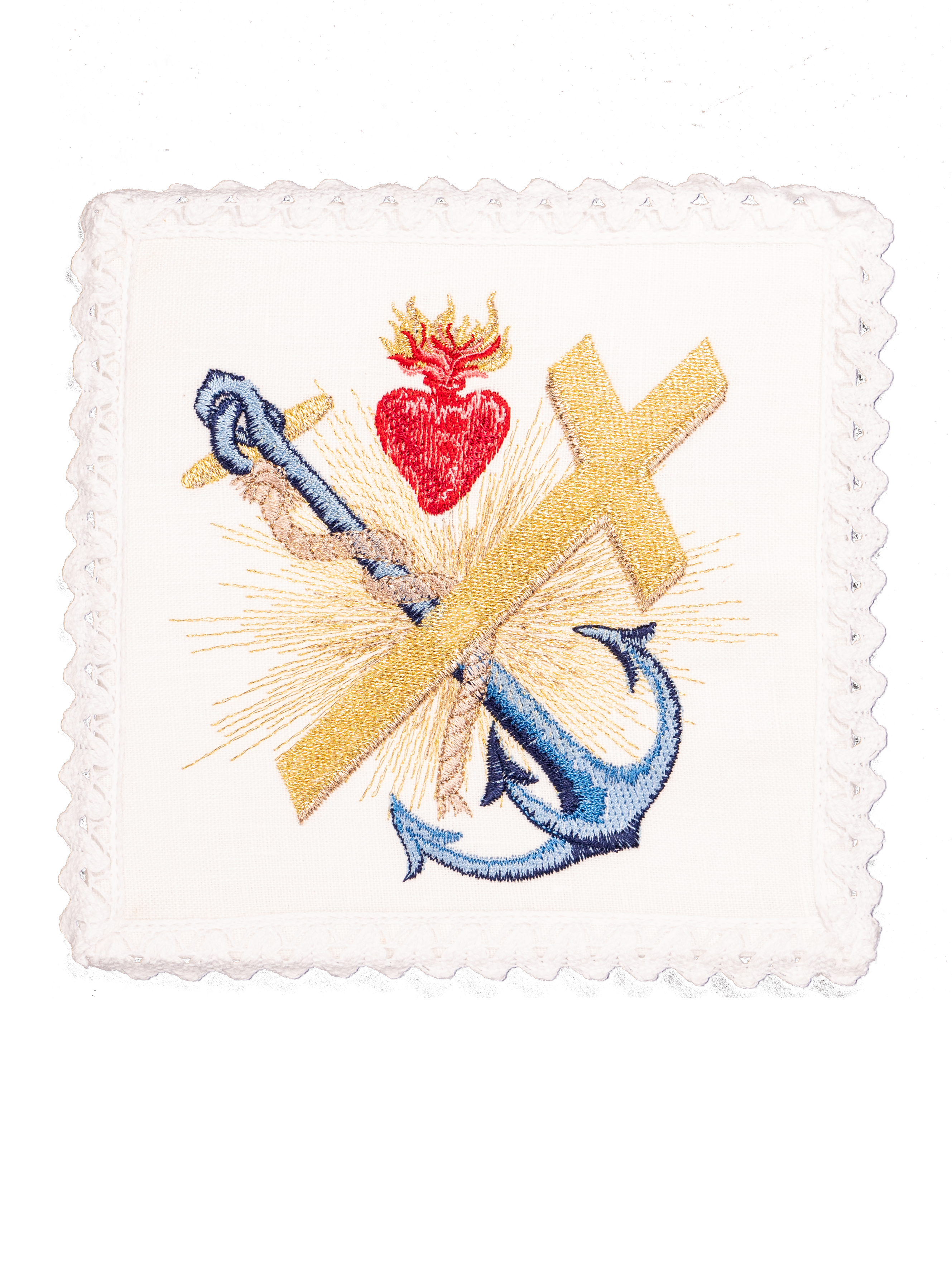 komplet kielichowy lniany z haftem eucharystycznym kotwica i krzyż