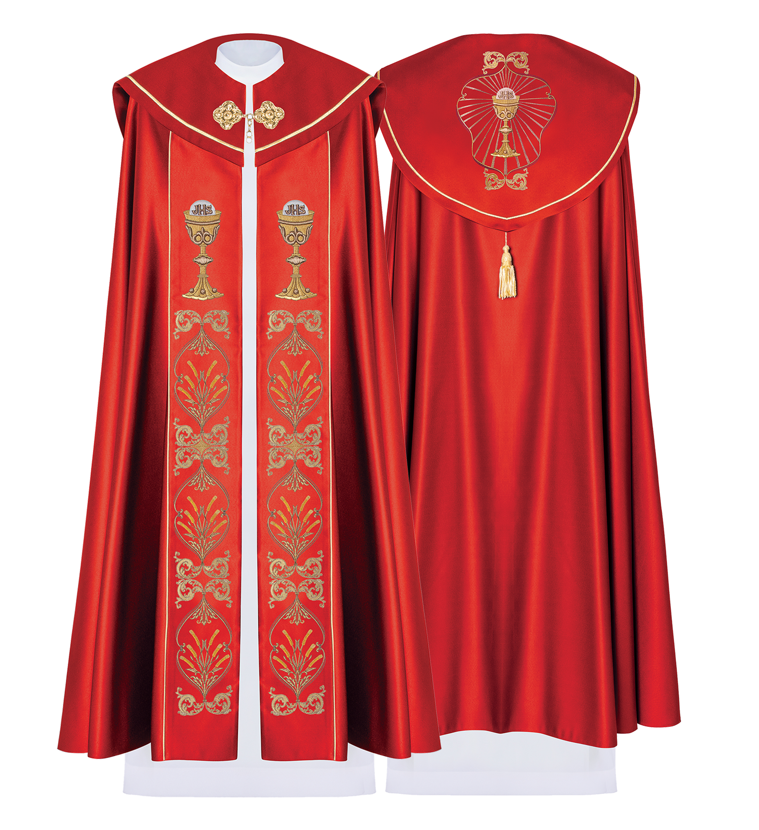 Kapa liturgiczna haftowana kielich i IHS w odcieniu czerwonym