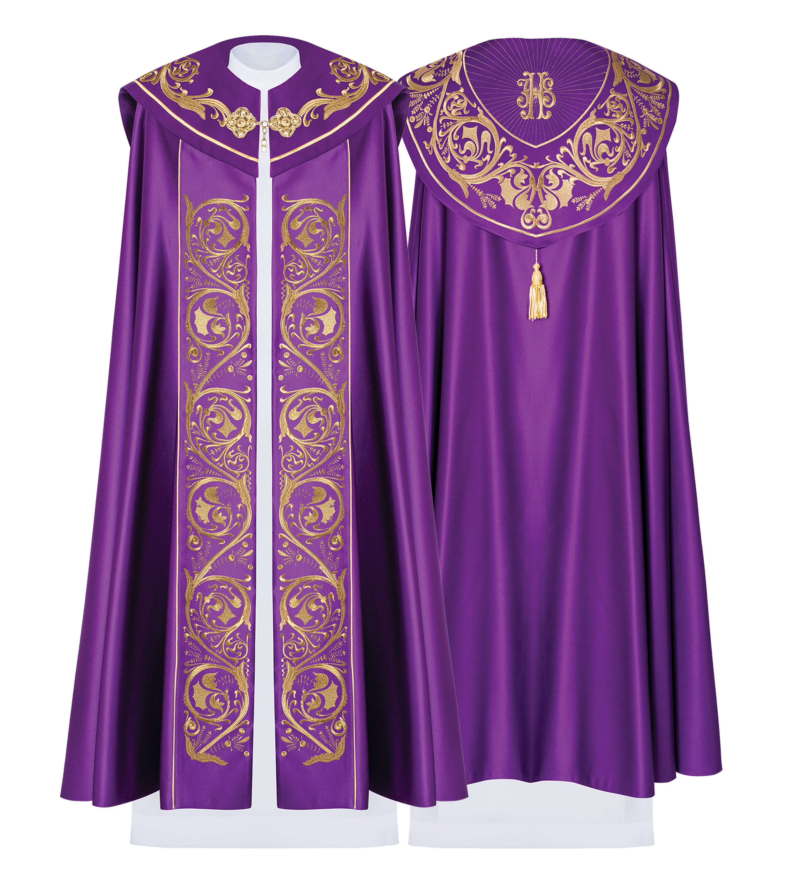 Fioletowa kapa liturgiczna z złotym monogramem IHS