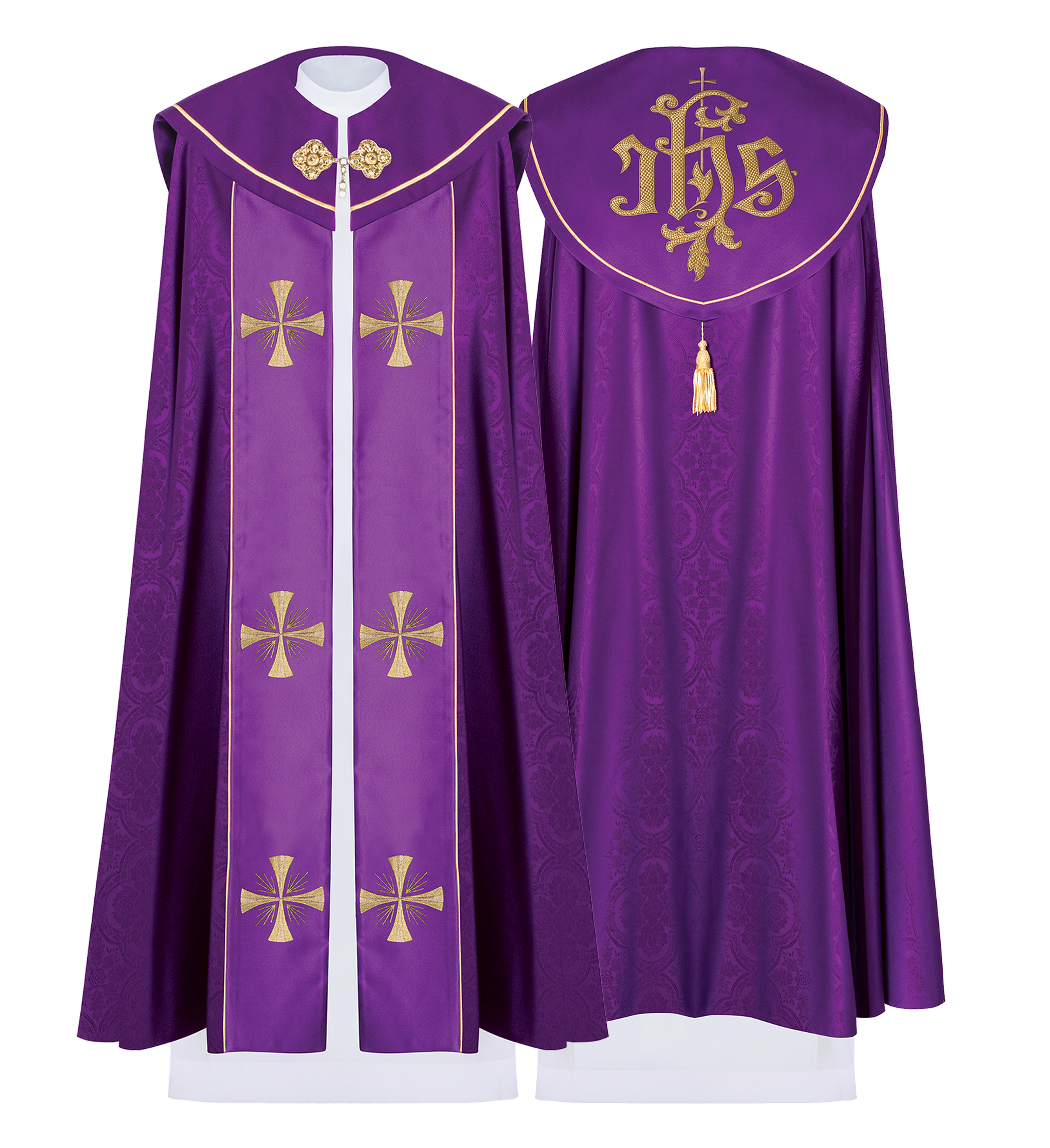Kapa liturgiczna z szerokim haftowanym pasem w krzyże
