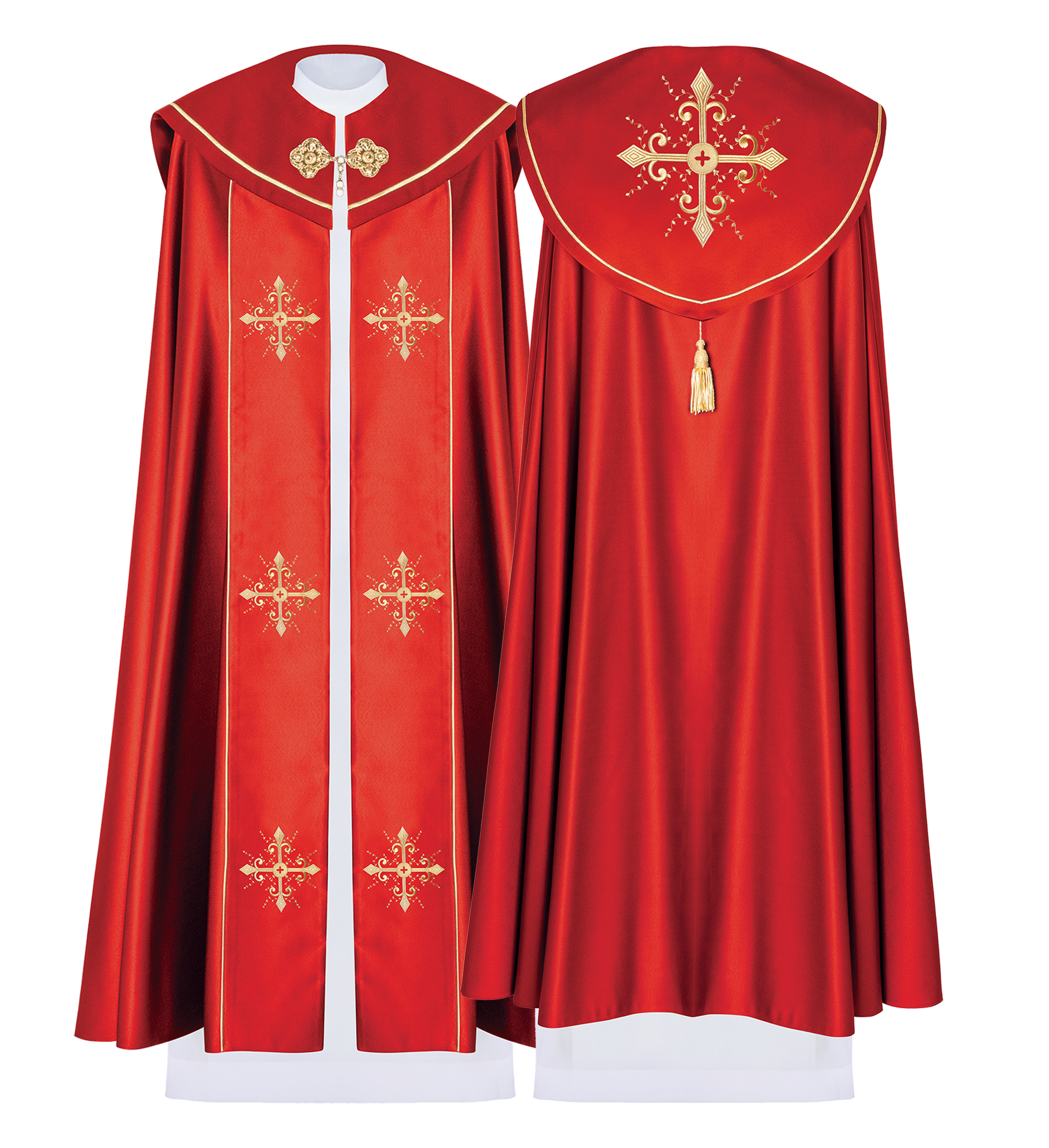 Czerwona kapa liturgiczna z haftem w złote krzyże