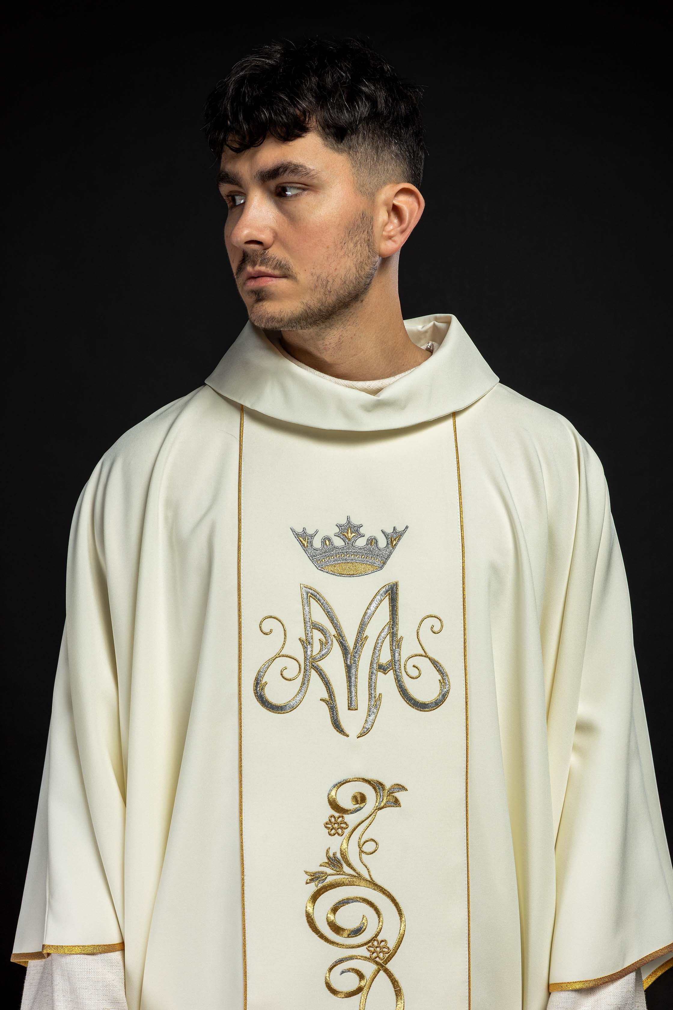 Ornat liturgiczny Maryjny z pasem haftowanym ecru - ORNATY.PL