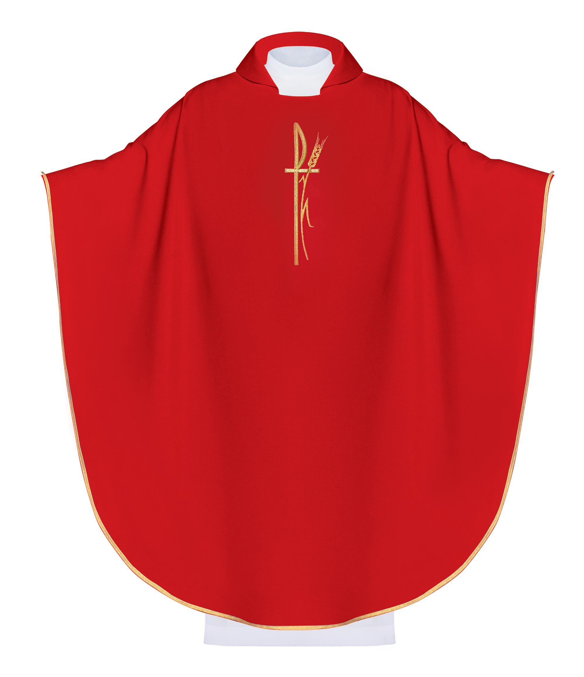 Czerwony ornat liturgiczny z szerokim kołnierzem i delikatnie haftowanym krzyżem