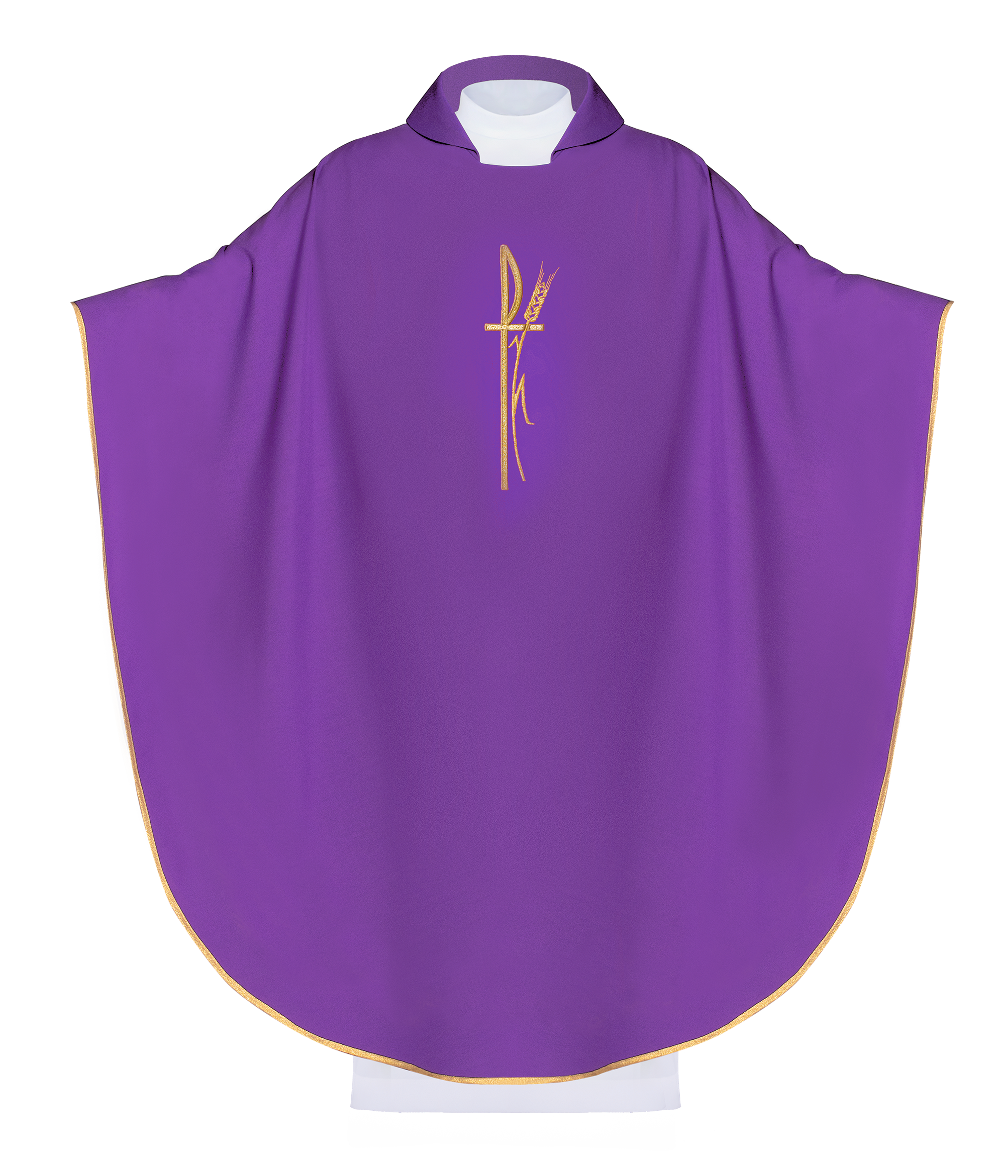Fioletowy ornat liturgiczny z szerokim kołnierzem i delikatnie haftowanym krzyżem