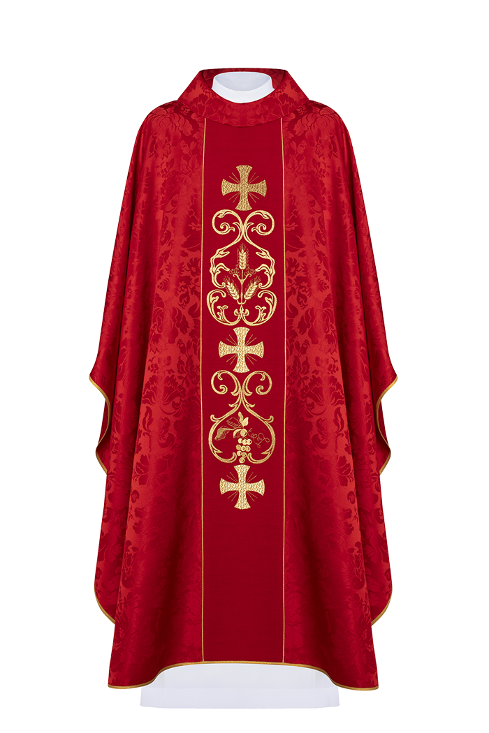 Czerwony ornat liturgiczny zdobiony haftowanym pasem