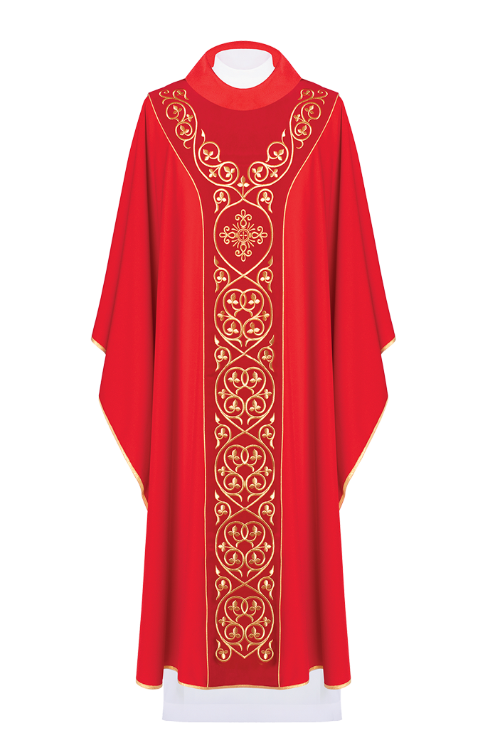 Czerwony ornat liturgiczny zdobiony haftem na aksamicie