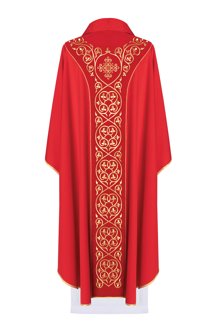 Czerwony ornat liturgiczny zdobiony haftem na aksamicie