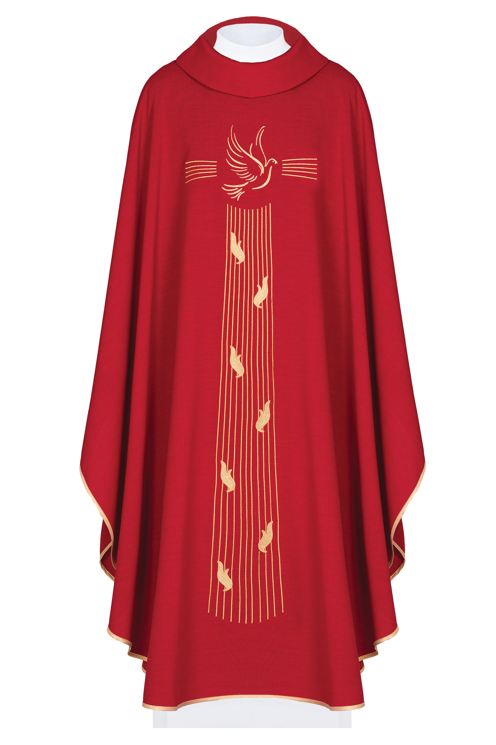 Czerwony ornat z złotą lamówką i haftem Ducha Świętego