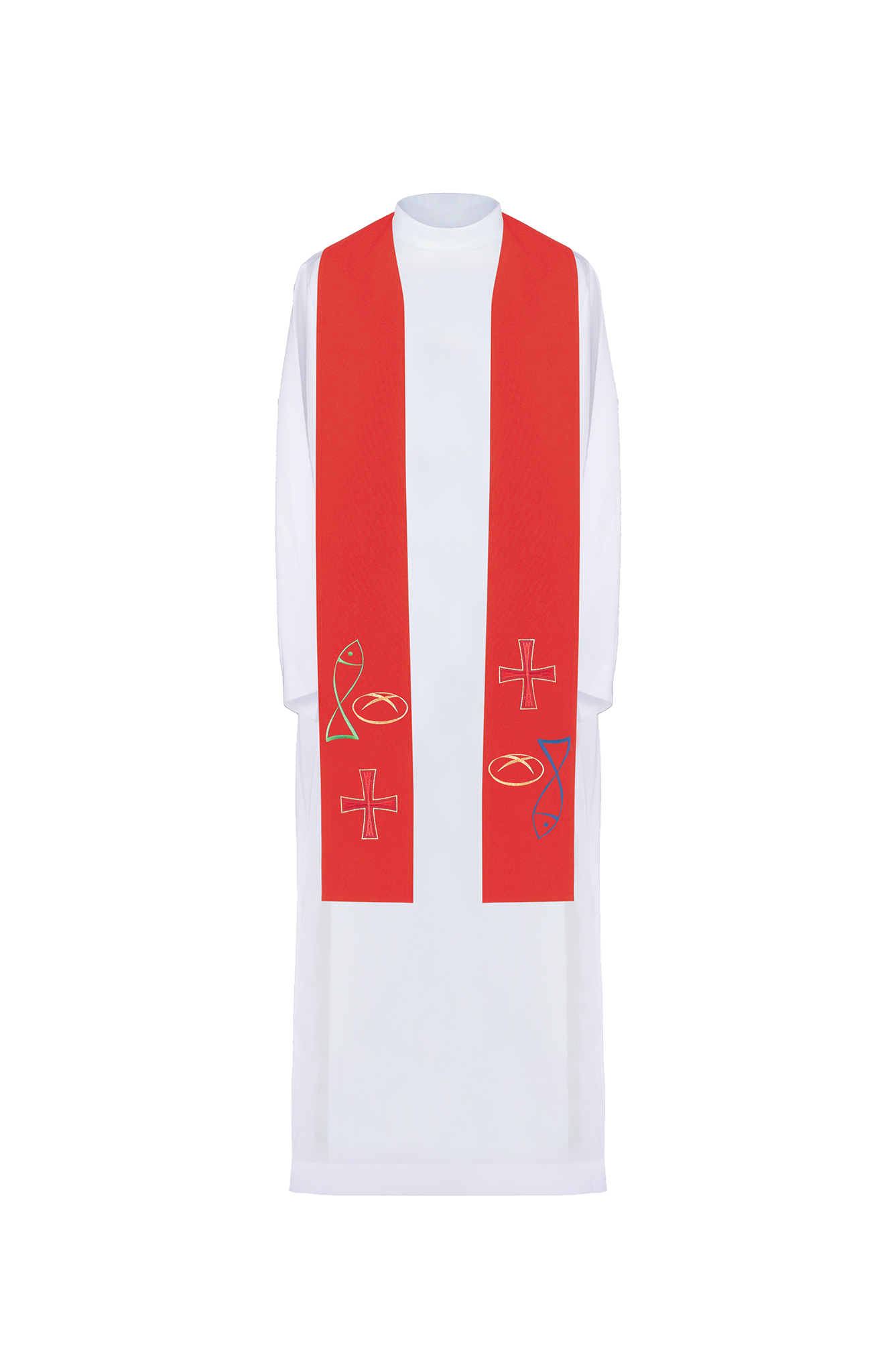Czerwona stuła kapłańska haftowana z motywem Ryba Chleb Krzyż