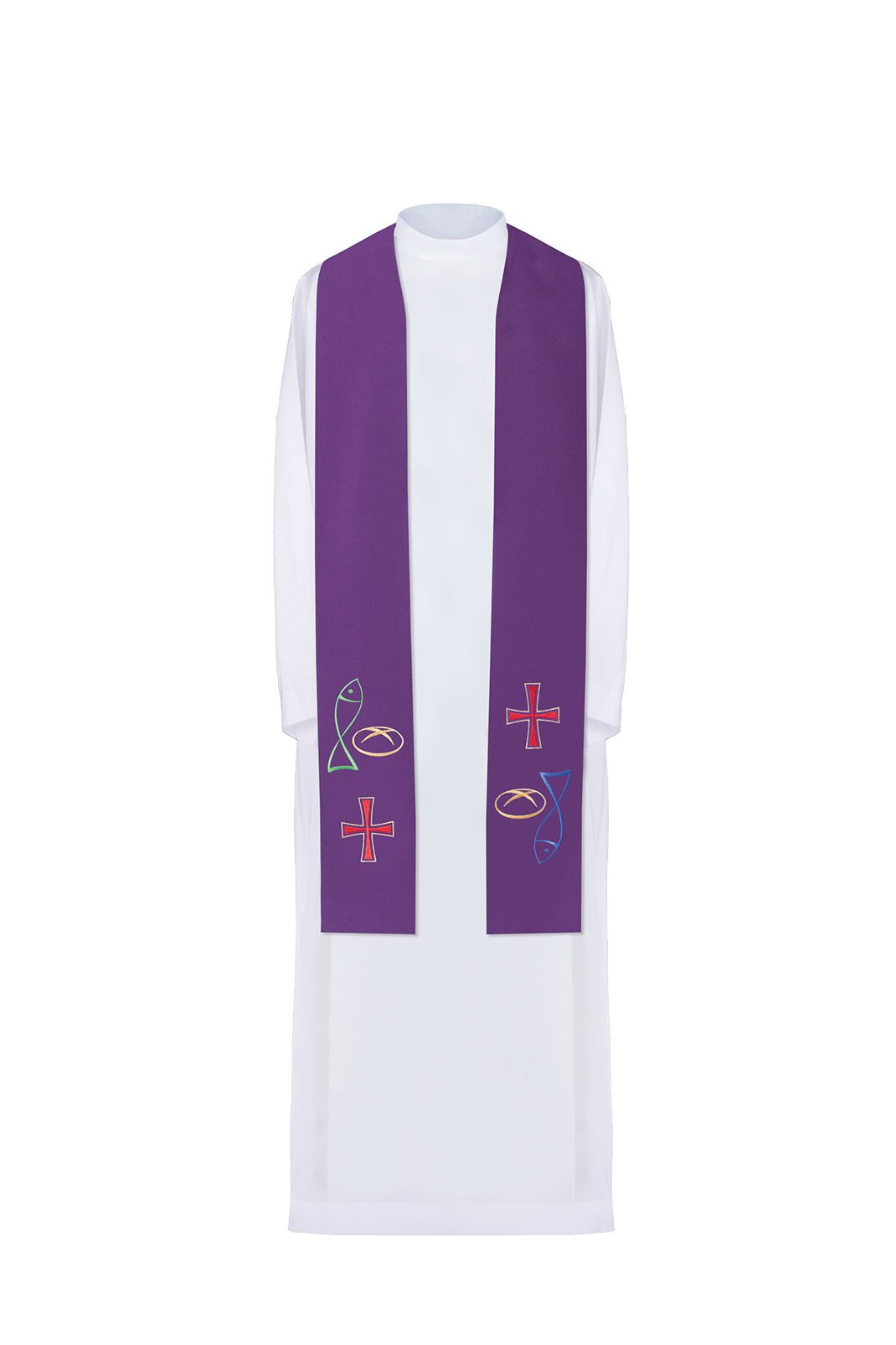 Fioletowa stuła kapłańska haftowana Ryba Chleb Krzyż