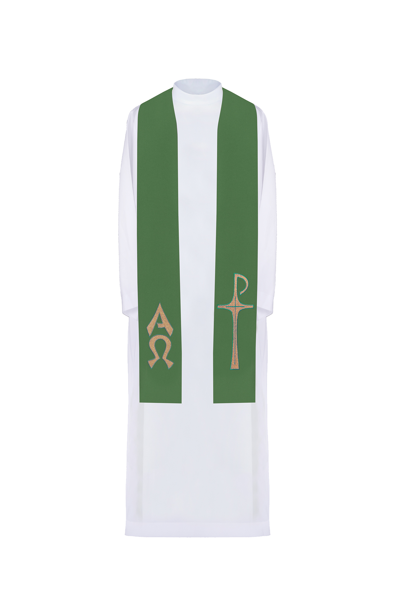 Stuła kapłańska haftowana z motywem Alfa i Omega w kolorze zielonym
