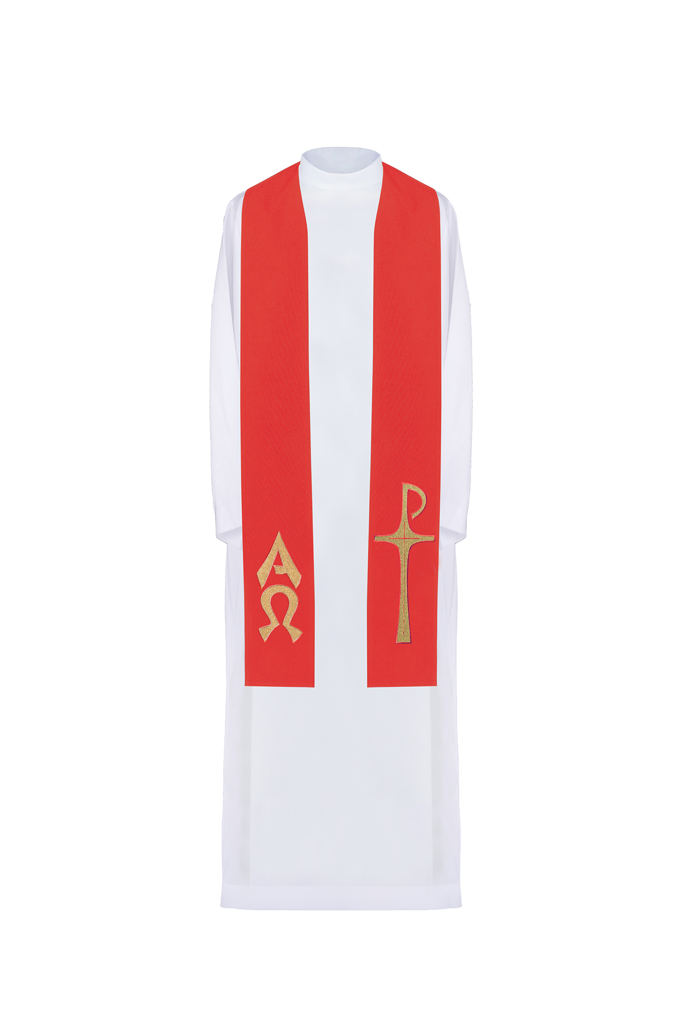 Stuła kapłańska haftowana z motywem Alfa i Omega w kolorze czerwonym