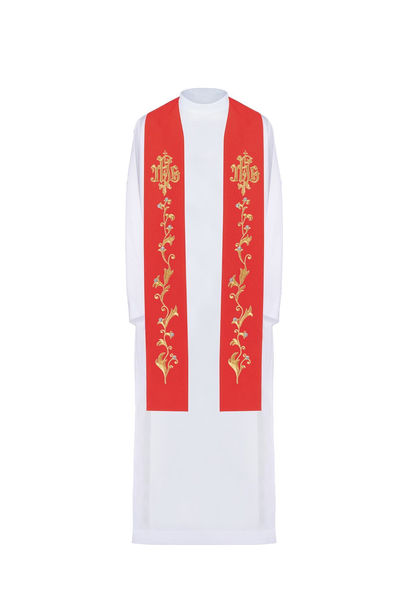 Stuła kapłańska czerwona haftowana IHS na krzyżu
