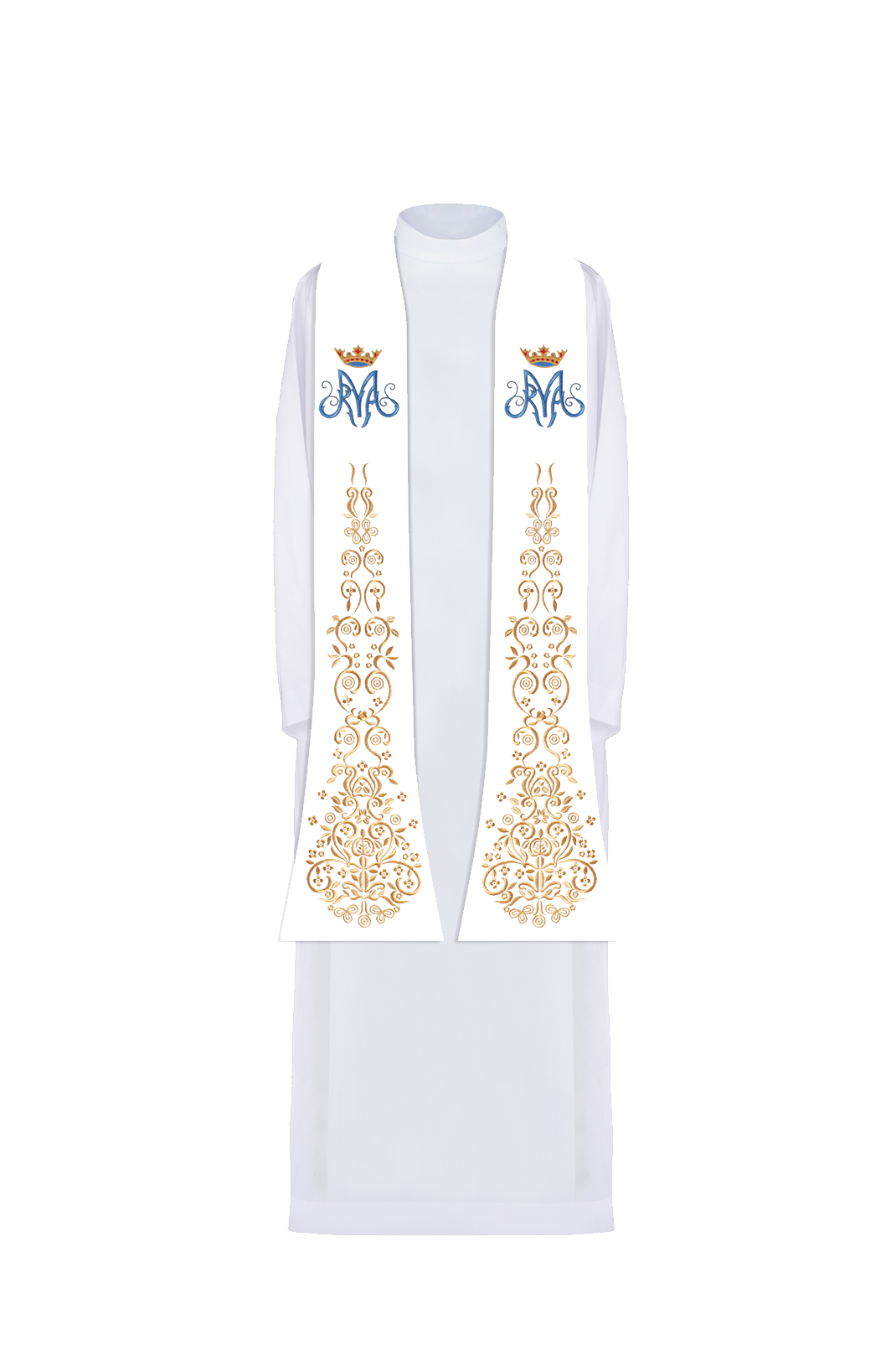 Stuła kapłańska biała haftowana motyw Maryjny z koroną