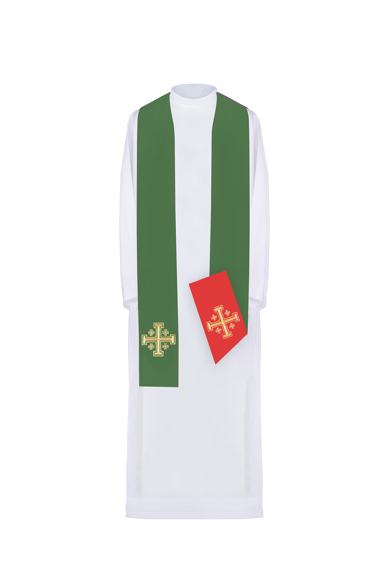 Dwustronna stuła kapłańska haftowana zielono-czerwona Krzyż Jerozolimski