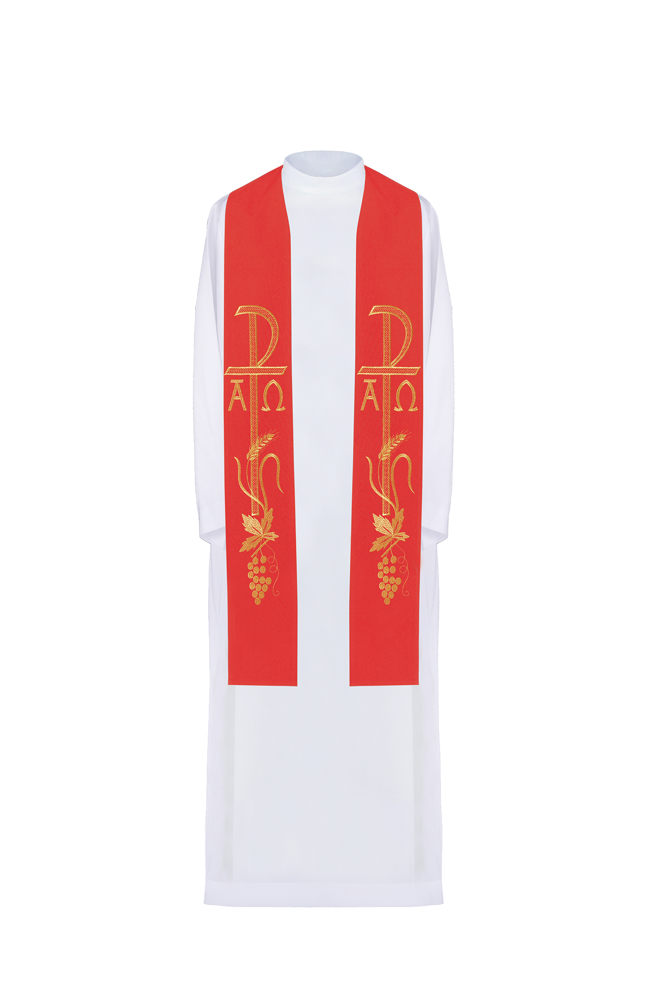 Stuła kapłańska czerwona haftowana Alfa i Omega