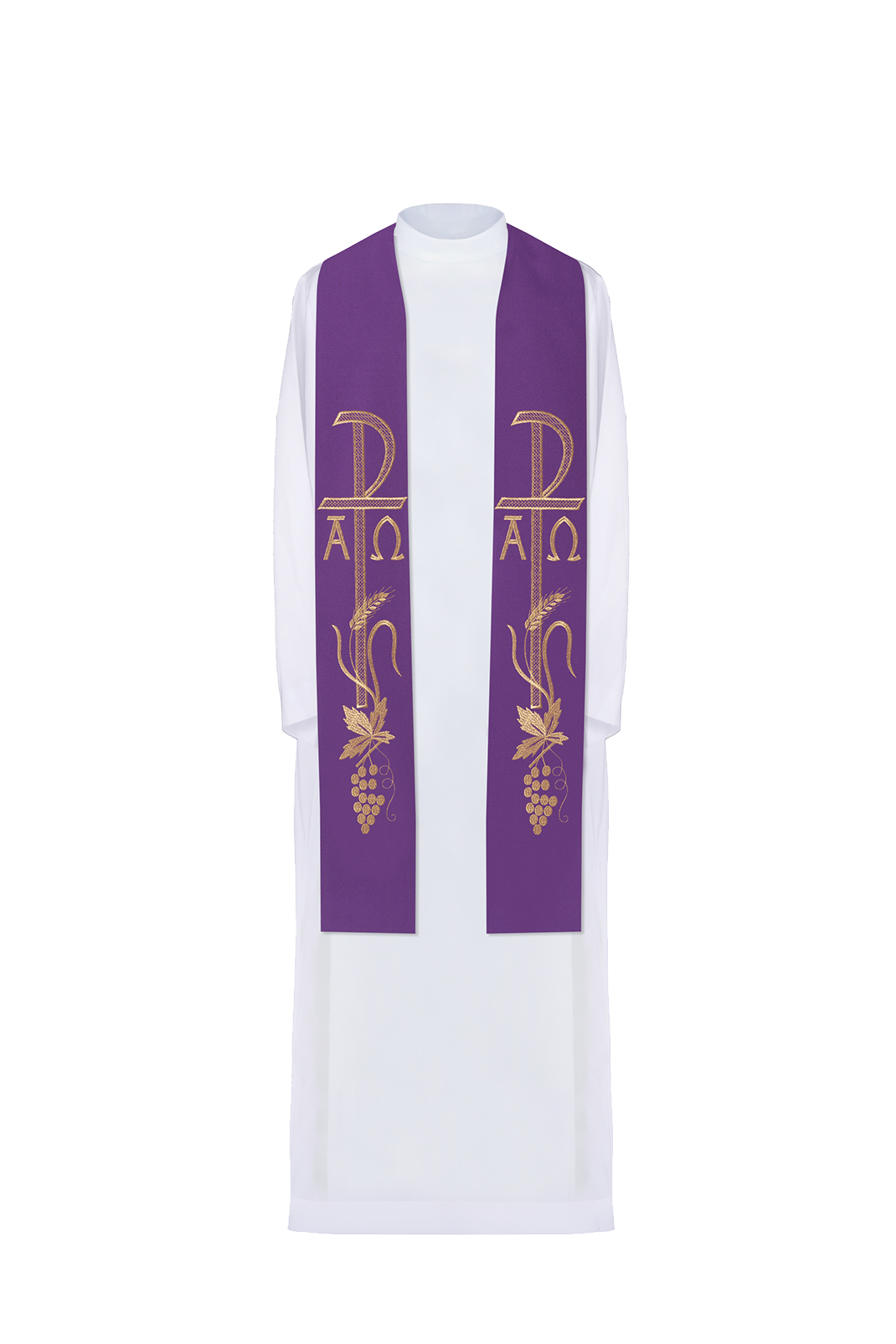 Stuła kapłańska fioletowa haftowana Alfa i Omega