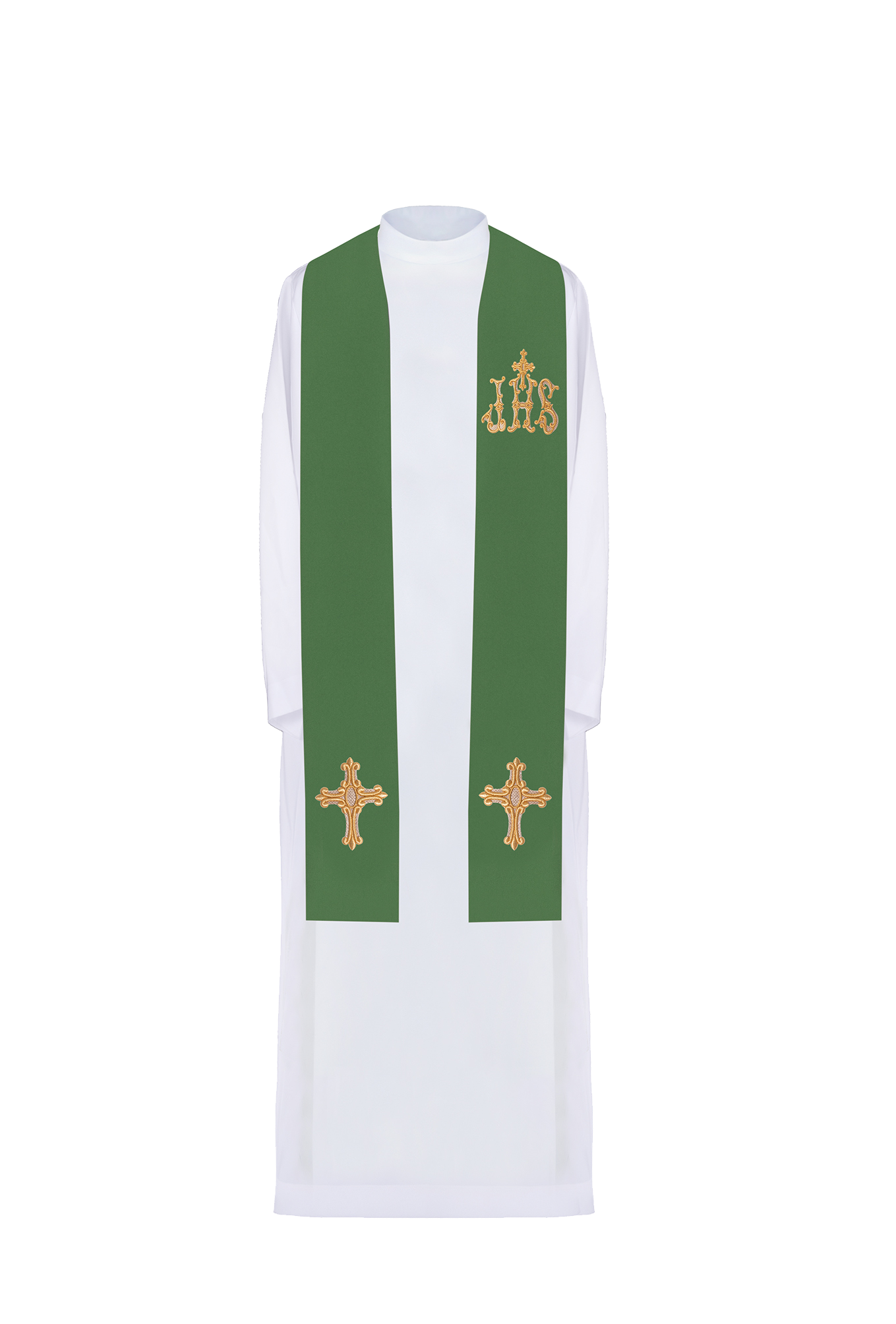 Stuła kapłańska zielona haftowana krzyż i IHS Zielona