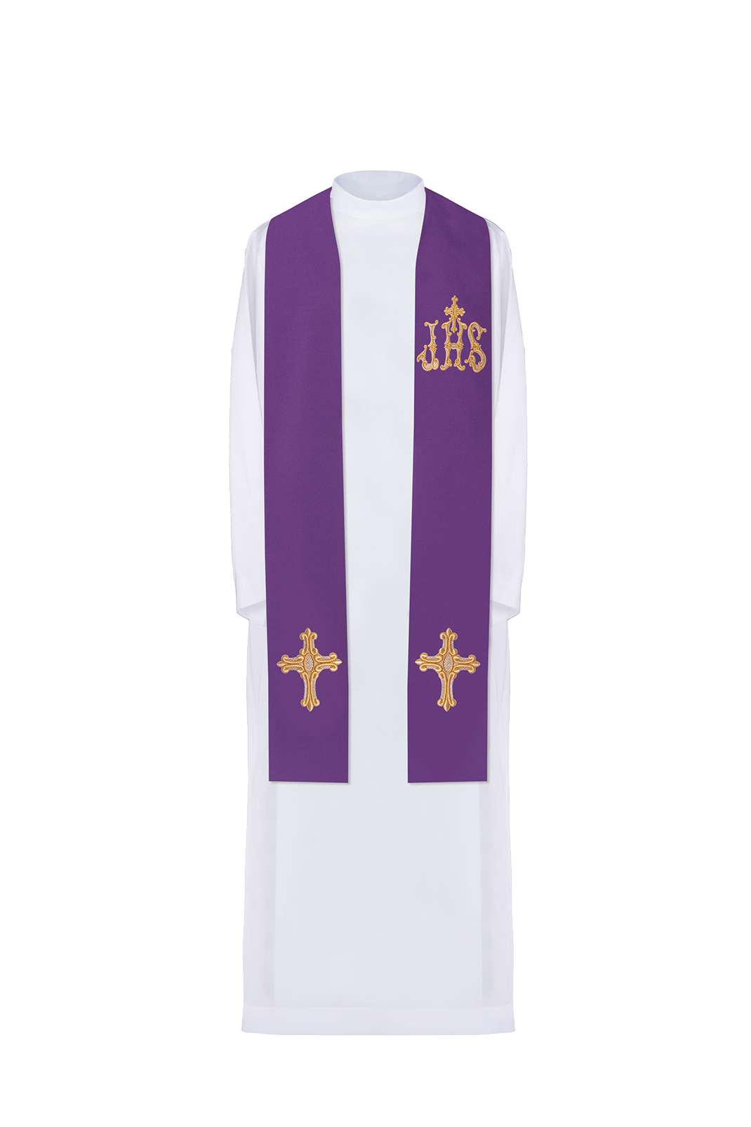 Stuła kapłańska fioletowa haftowana krzyż i IHS